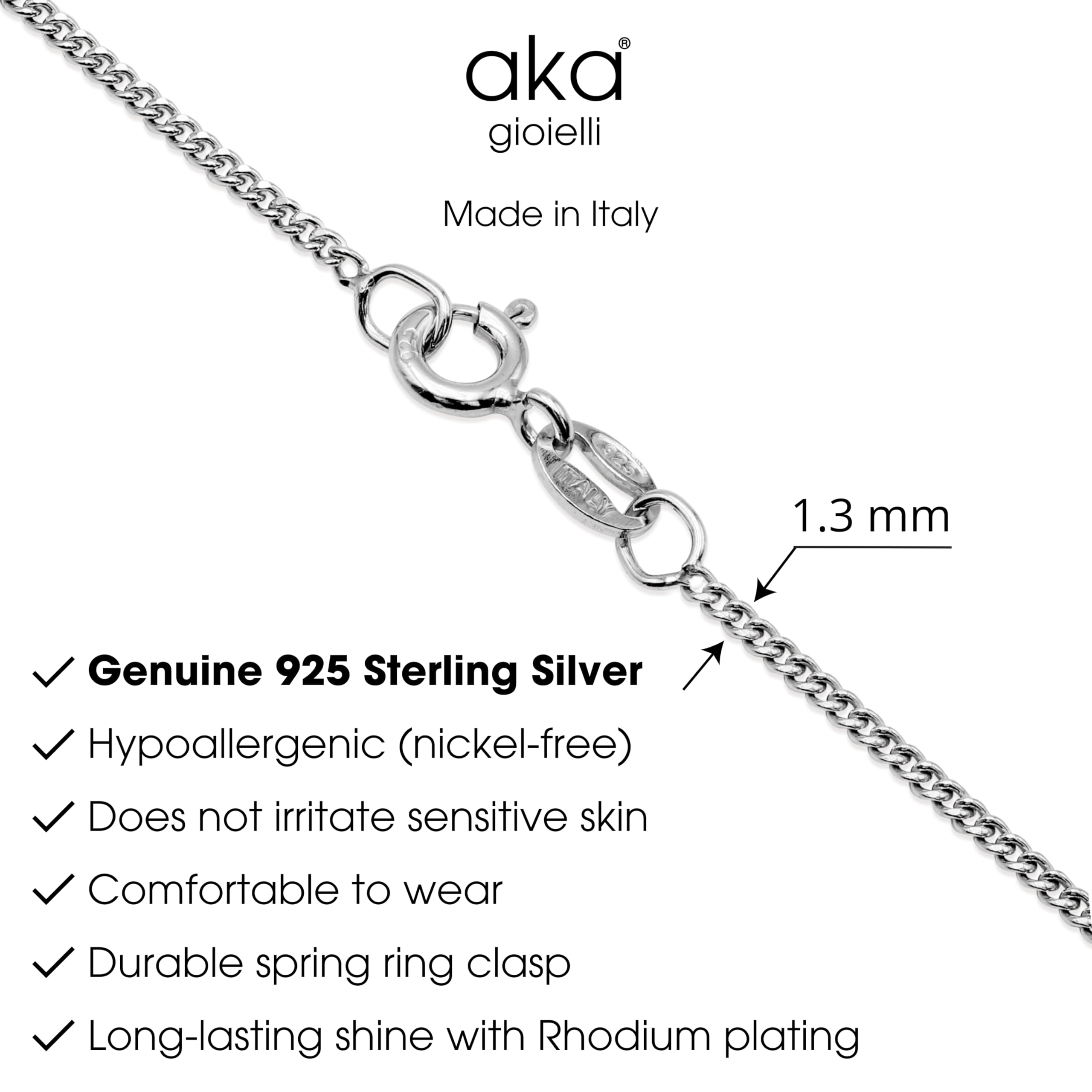 Aka Gioielli Cadena Barbada Plata de Ley 925 Rodiada Collar Mujer Hombre 1.3 mm 80 cm