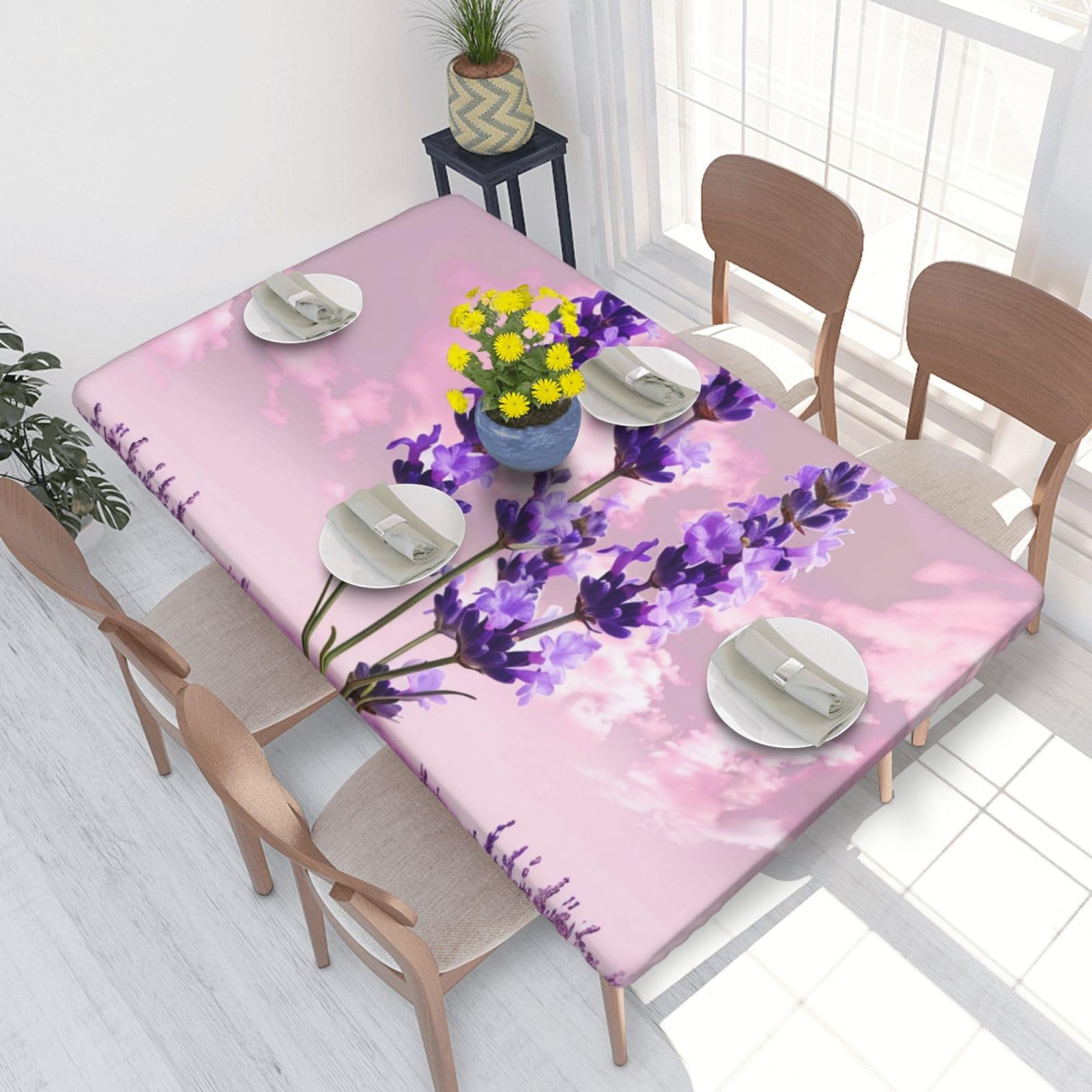 DCARSETCV Lavender flower Printed 4FT Waterproof Tablecloth with Elastic Edged Protect & Decor Your Table, Oil-proof Washable Table Cloth Cover for Dinner Picnic Party