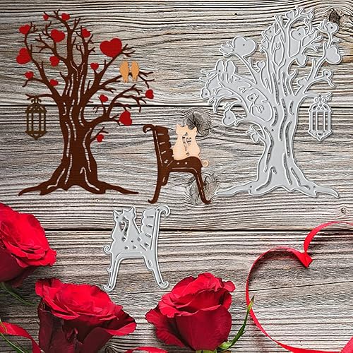 Miniatura 5 de Troqueles de metal para hacer tarjetas, pareja de gatos en el amante del jardín, troqueles de corte de árbol de corazón para decoración de