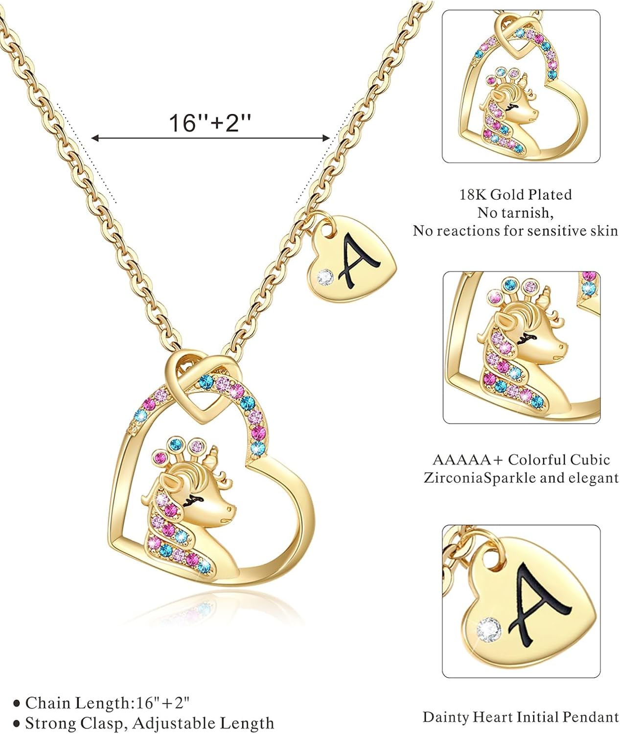 Unicorn Gifts for Girls, Colorful CZ Heart Unicorn Necklaces Initial Necklace Birthday Christmas Gift for Girls Teens - Image 7