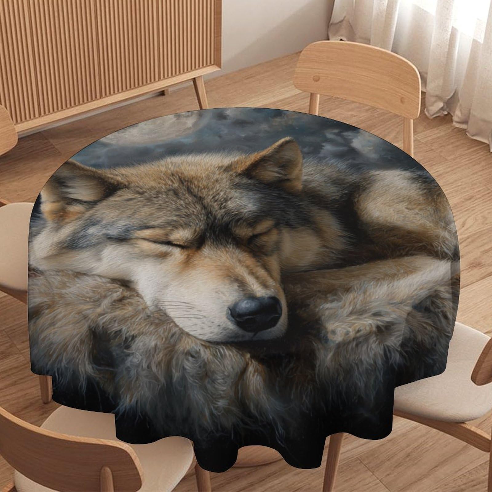 LUYYSKY Beautiful Modern Wolf Round Tablecloth Vintage Realistic Full Moon Dreamcatcher Animal Wolves Print Washable Decor for Table Cover for Kitchen-127 Wx127 L cm