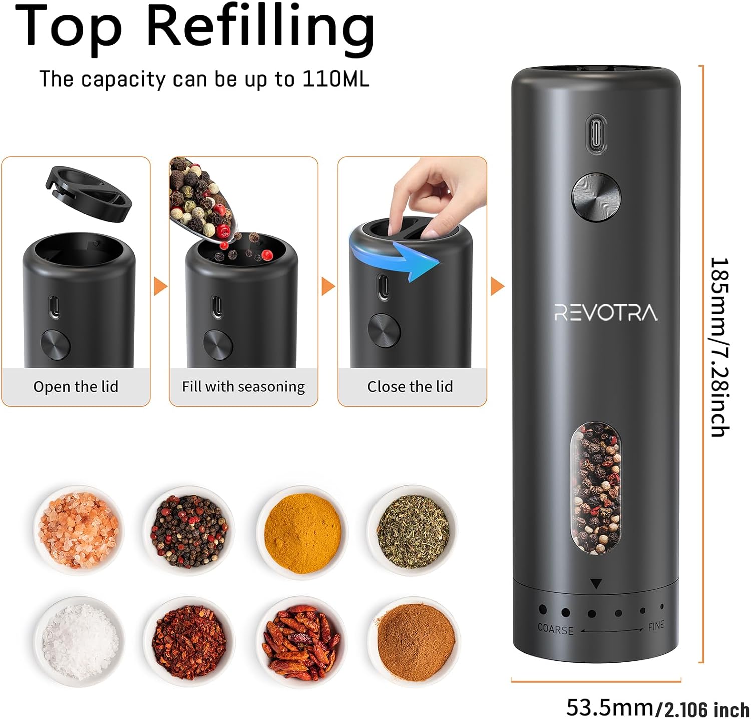 Electric Salt and Pepper Grinder Set, Rechargeable Automatic Salt and Pepper Shakers with 6 Adjustable Coarseness, Christmas Gift, Larger Capacity, LED Light, One-Handed Operation, 2 Packs