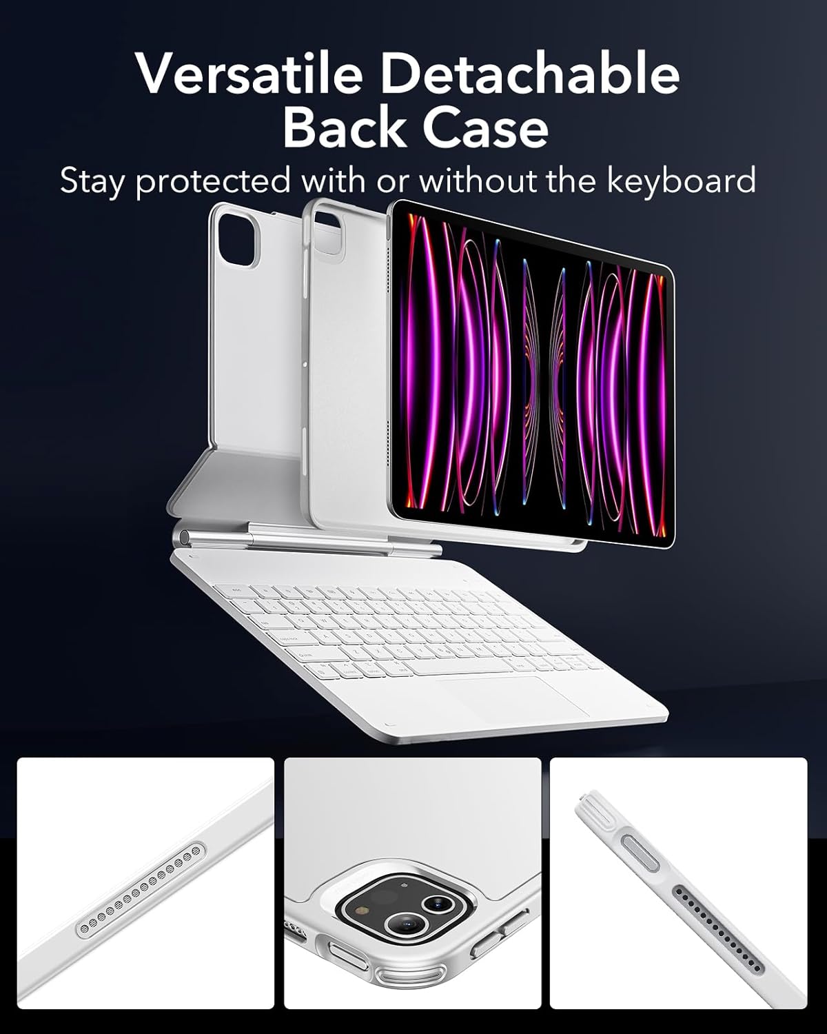 Image illustrating the detachable back case of the ESR keyboard, showing the iPad separated from the keyboard base.