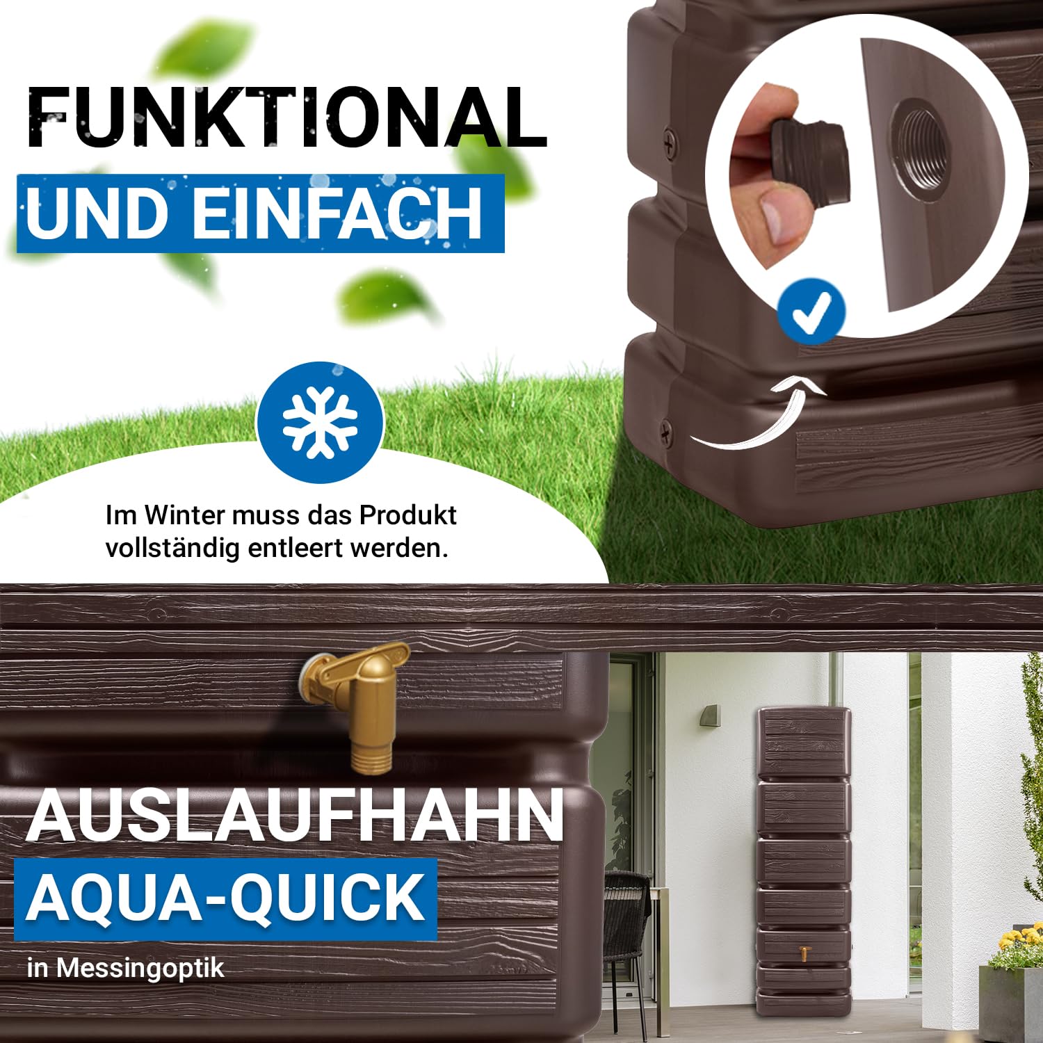 4rain Slim Wood Decor Regentonne 350 Liter Darkwood Wandtank, Wassertank | Regenfass, Regenwassertonne, Regenwassertank, Wasserbehälter, Wasserfass, Wassertonnen für Garten, Wassertonne