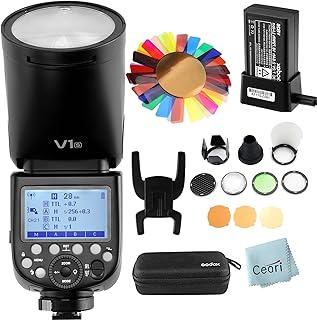 Godox V1-S TTL Round Head Flash Speedlite 1/8000s HSS, 1.5 sec. Recycle Time, 2600mAh Lithium Battery, 10 Level LED Modeling Lamp with AK-R1 Round Head Accessories for Sony