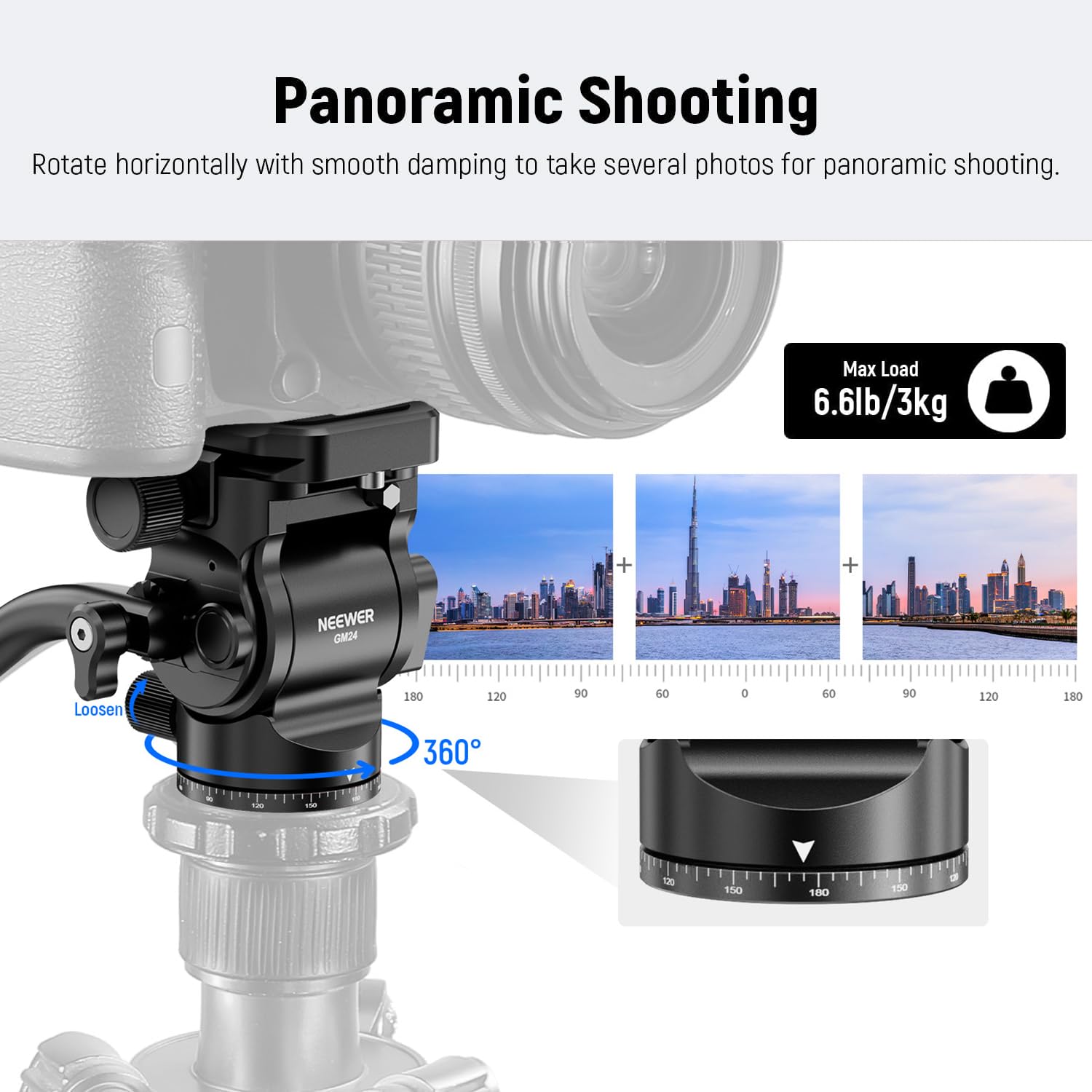 NEEWER Testa Fluida per Treppiede con Piastra Sgancio Rapido e Maniglia, Adattatore Treppiede Fotocamera Pan. Incli. Compatibile con Arca Swiss per Videocamere DSLR Compatte, Max 3kg, GM24 Tutto Nero