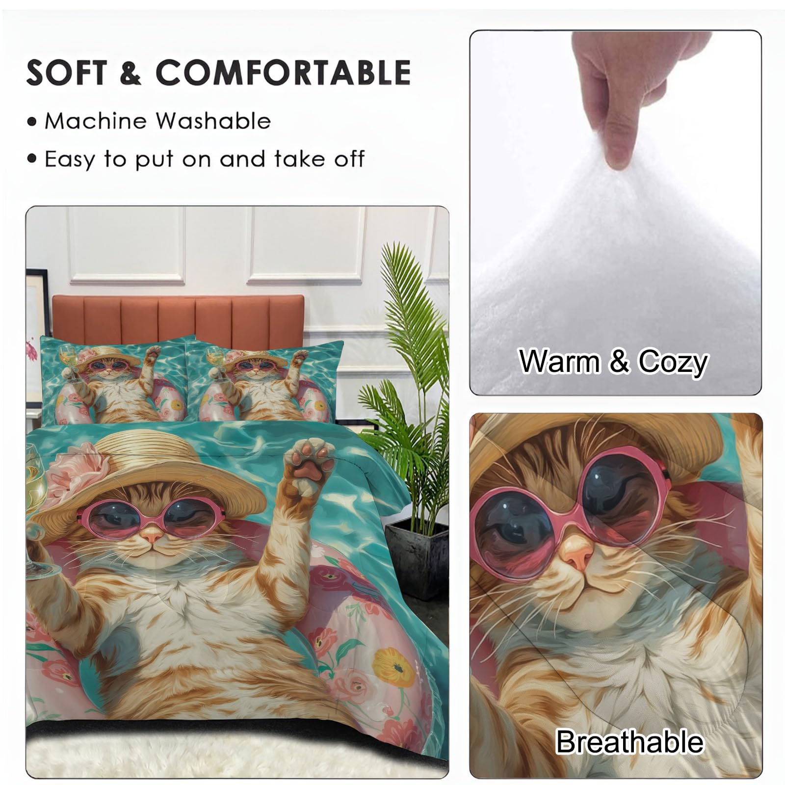 Edredon Cama 135/150 Piscina Gato Naranja Estampado Infantil, Edredón Nórdico 4 Estaciones 240x220cm, Colcha Transpirable De Microfibra Lavable Luz Solar Abstracto Animales, 2 Fundas De Almohada