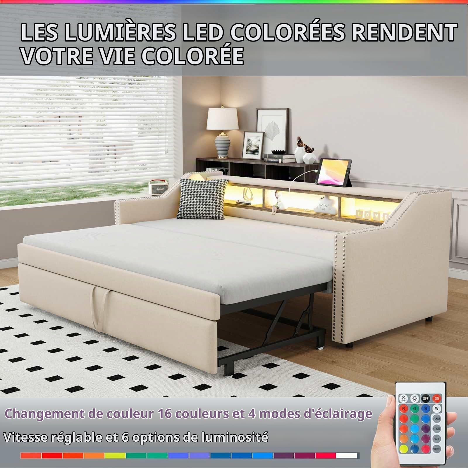 YEHTOKHOME Lit rembourré 90/180x190cm,canapé-lit Extensible avec lumière LED Multicolores et 2 USB Port de Charge, Multifonctionnel Compartiment de Rangement(sans Matelas) (Beige)