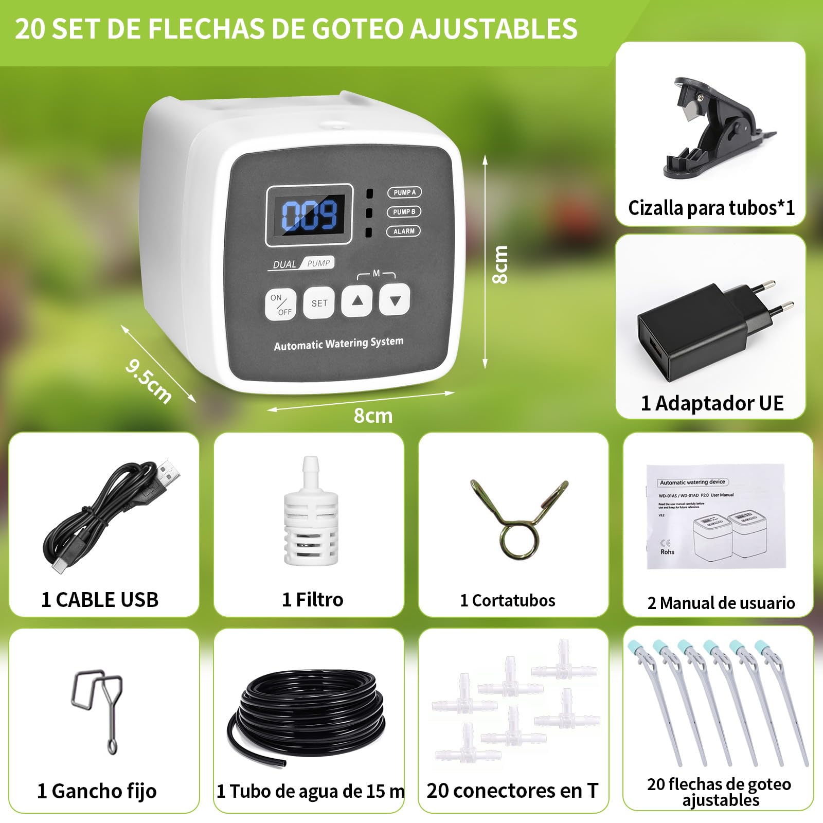 Sistema de Riego para Jardín,Riego por Goteo Automatico Kit con Doble Bomba de 15 m para Jardín/Plantas de Balcón/Plantas en Macetas al Aire Libre para Hasta 20 Plantas y Macetas de Interior