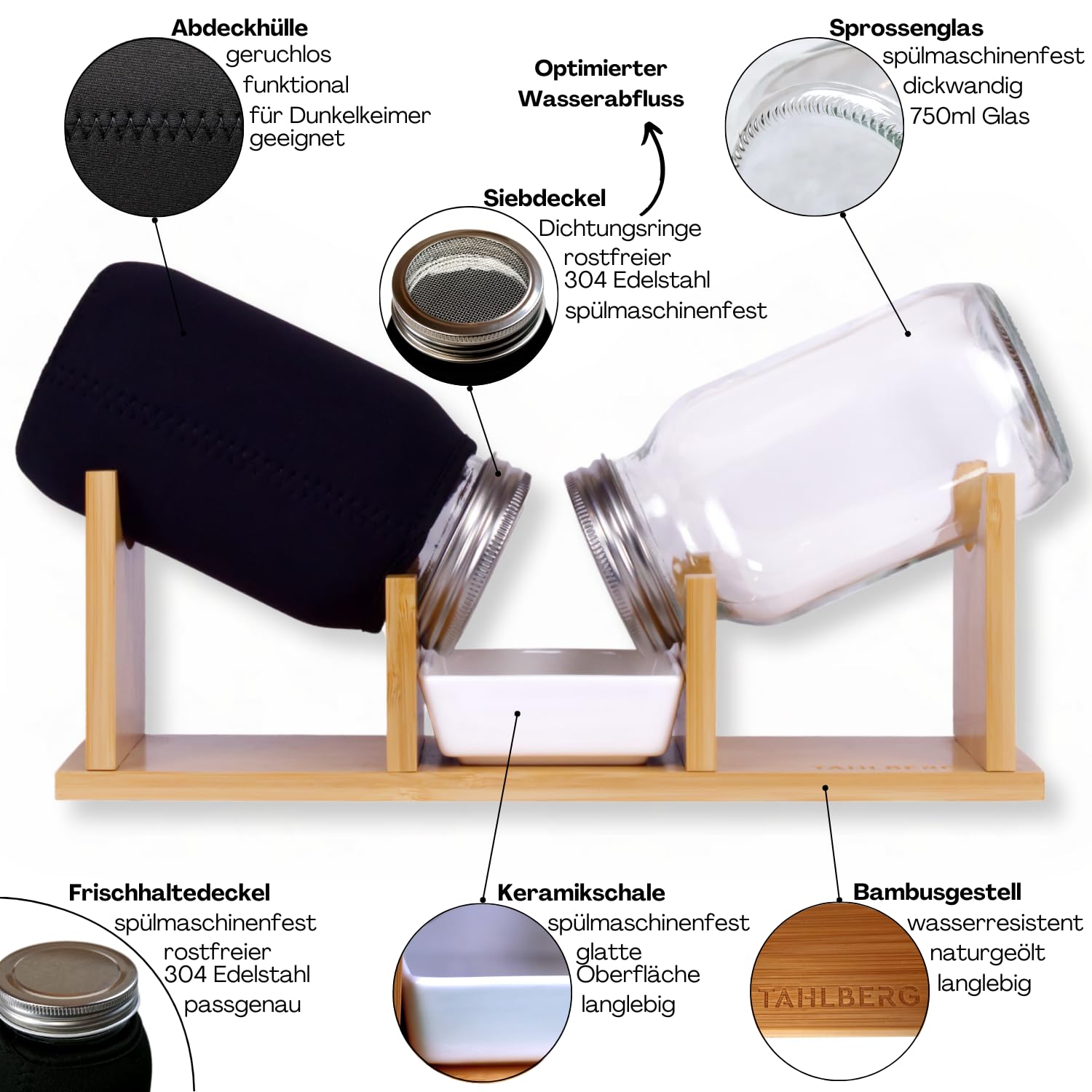 Sprossenglas 2er Set – hochwertiges Sprossenglas Keimglas Set aus Bambus + Kressesieb & Keimschale – inkl. Deckel, Abdeckhüllen & Anleitung – Keimglas für Sprossen
