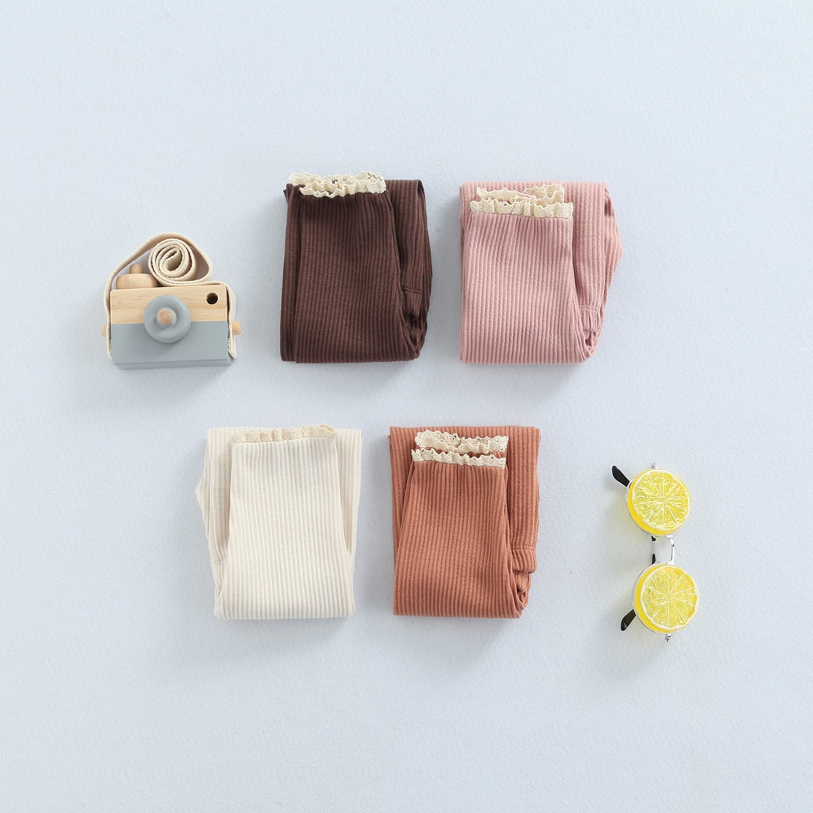 Toddler Baby Girls Leggings Ribbed Cotton Knit Lace Trim Footless Ruffle Tight Stocking Bottom Pants(Beige+Khaki+Brown,4-5 Years)