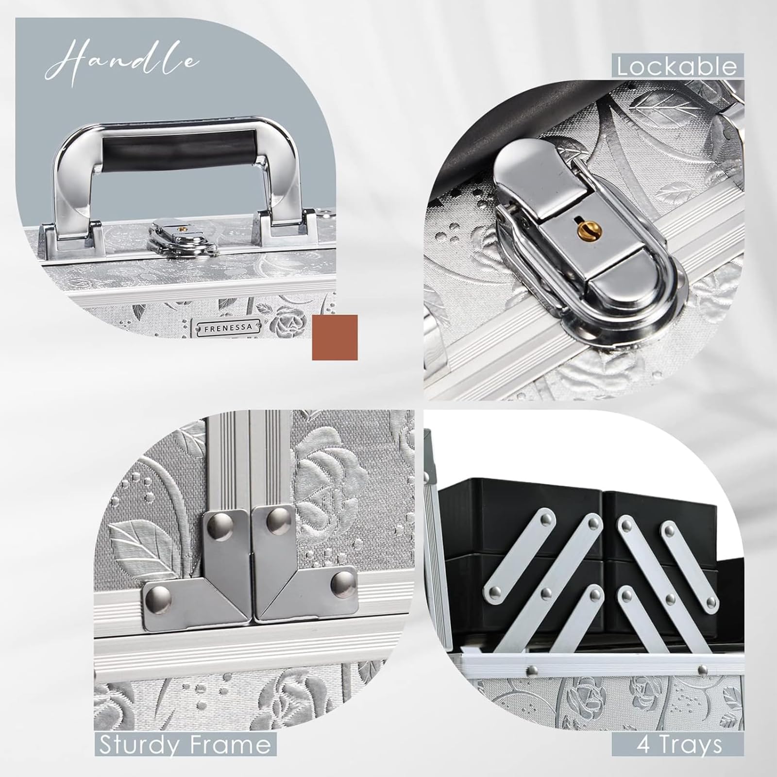 Beauty case con 4 vassoi, organizer per cosmetici, con serrature, Rosa argentata.
