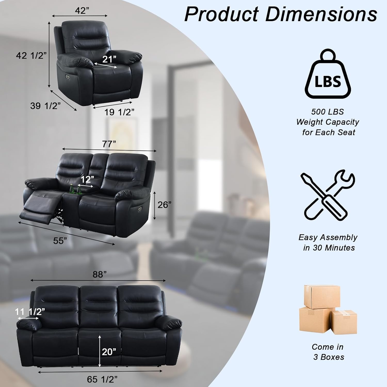 Power Reclining Sofa Set, Leather Sectional Recliner Couch for Living Room with LED Lighting, USB Ports, Storage Console & Cup Holders, Black 3-Piece