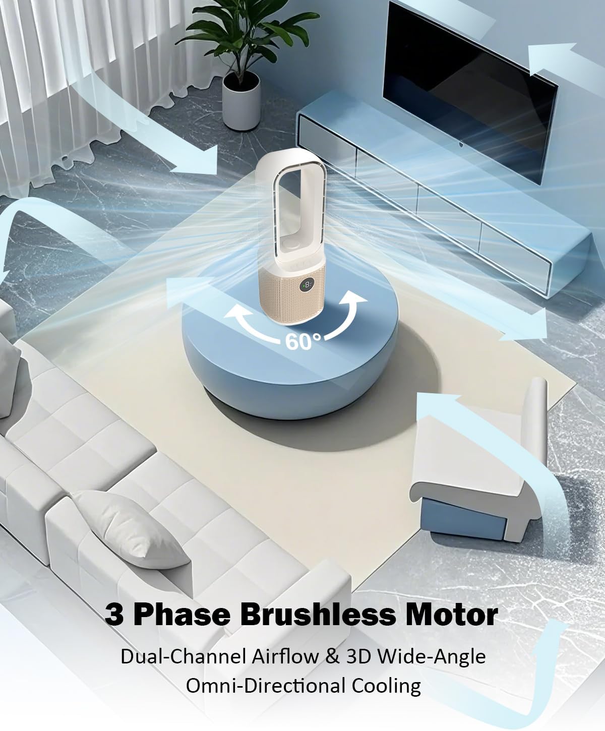 Desk Fan, Small Quiet Bladeless Fan with 9 Speed Adjustment & 3 Light Modes, 14 Inch USB Rechargeable with 5000mAh Battery, 60° Oscillating Cooling Fans for Office, Living Room, Be...