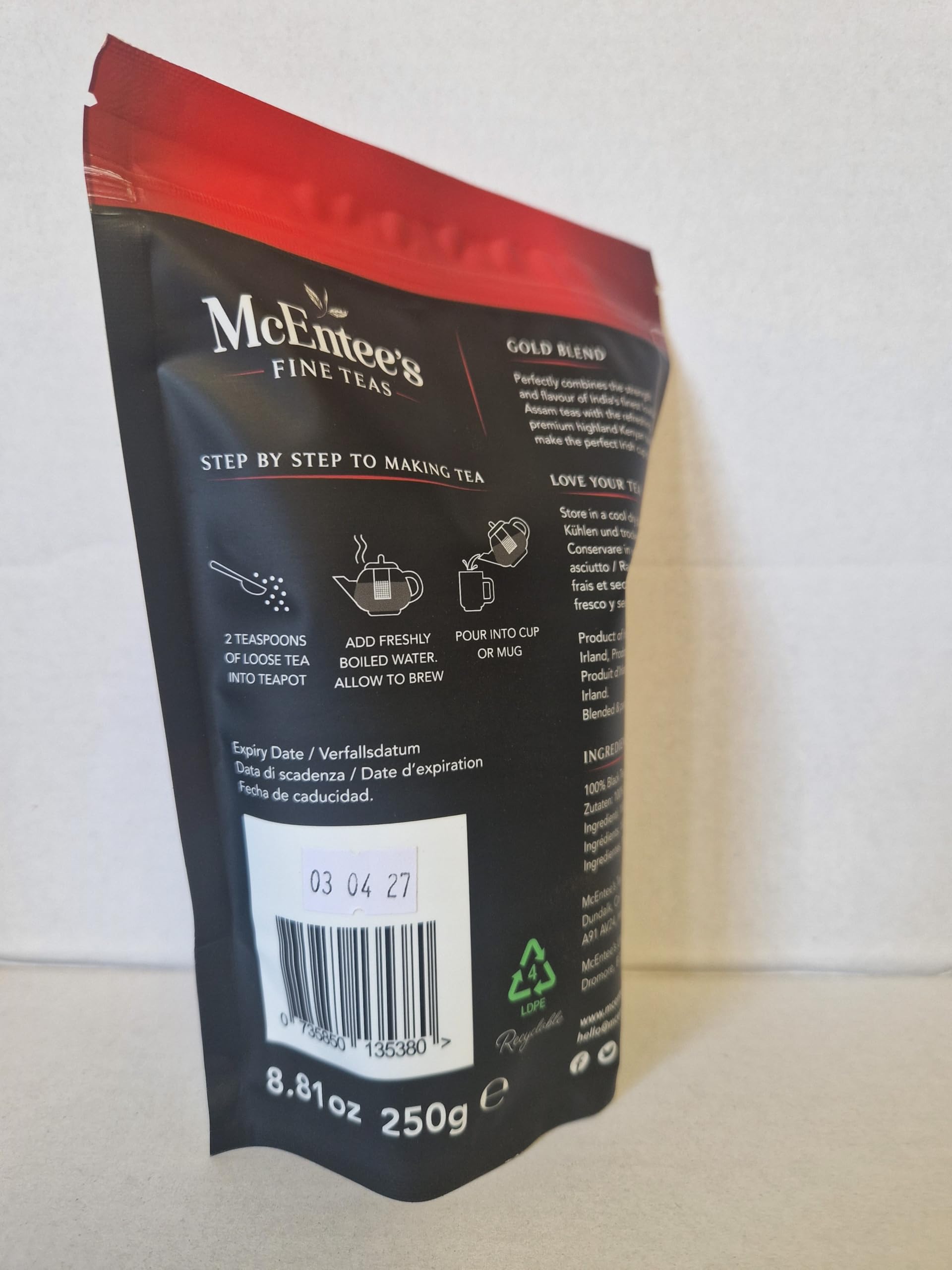 McEntee's Irish Loose Leaf Gold Blend Tea - (Confezione da 2) - Sacchetto da 250 g - Sapientemente miscelato in Irlanda. Assam e tè nero keniota.