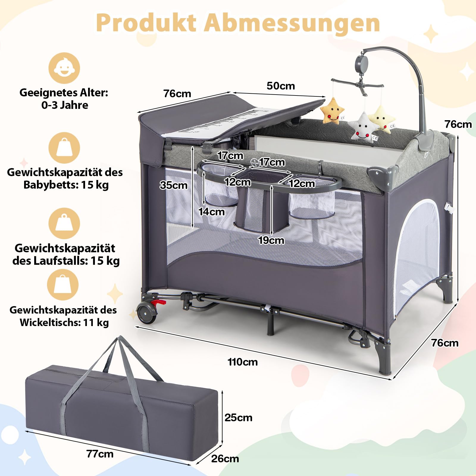 DREAMADE Reisebett mit Matratze, 5 in 1 Beistellbett Baby mit Rollen & Wickelauflage & Spieluhr, 110×76cm Babybett mit Tragetasche, Stubenwagen für Neugeborene & Baby (Grün)