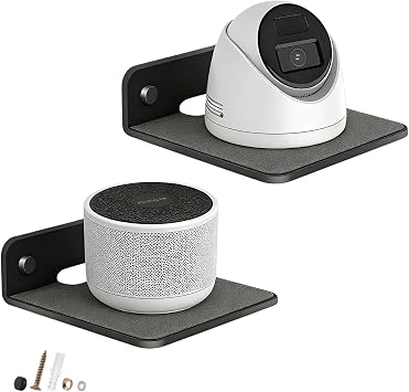Small Metal Wall Shelf for Speaker & Router, 6.1x5.1 Black Floating Wall Shelf with EVA Pad&Cable Hole, Wall Mount Shelf for Bluetooth Speaker, Mesh Router, Camera, Phone, Echo Dot, Alexa