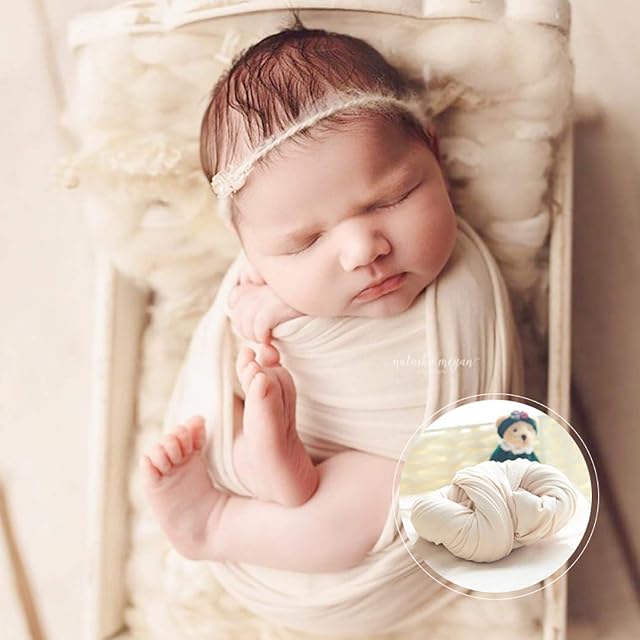 Baby Photography Blanket, Newborn Wrap Photography Blanket, Baby Wrap Newborn Photography Prop Blanket Stretch Swaddle Wrap for Boy Girl DIY Photoshoot Basket Wrapper(Beige)