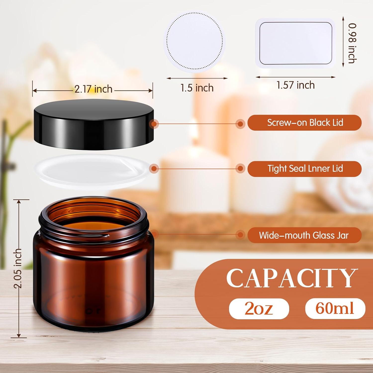 Layhit 60pcs 2 oz Glass Jars with Lids Bulk, Small Jars Containers Travel Storage Jar with Inner Liners Labels for Candle Scrubs, Lotions, Cream, Lip Balm (Amber,Black Lids)