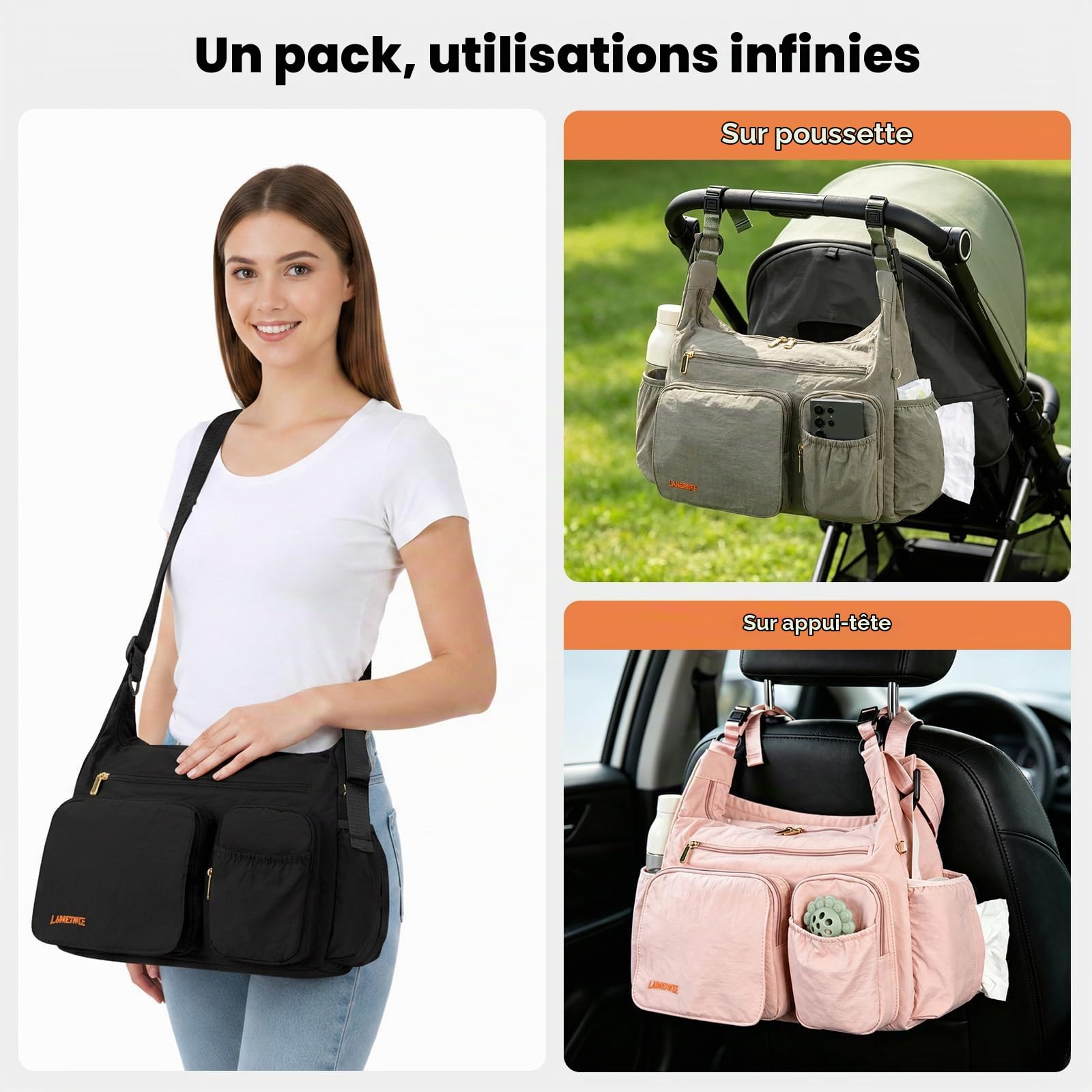 Sac à Langer Bouffant 2-en-1, Organisateur Poussette & Sac Bandoulière, 13L Léger, Sac de Voyage Bébé, Travail, Sport, Maternité