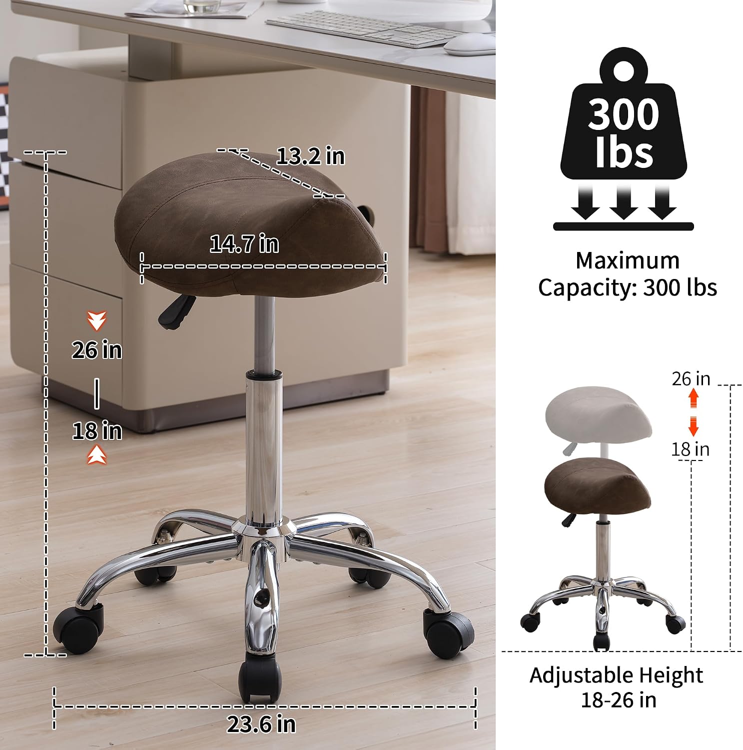 firavoe saddle stool, swivel saddle stool with wheels, adjustable rolling stool 18"-26", faux leather rolling stool for salon, massage, clinic, lab, office (tan, 1pcs (18"-26")) 1pcs (18"-26") tan