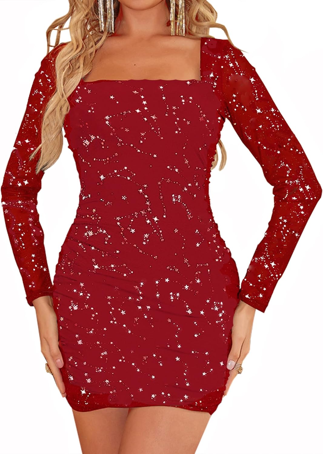 MOEENCN Women Mesh Dress Sparkly Long Sleeve Square Collar Pleated Bodycon Dresses Party Night Club Outfits