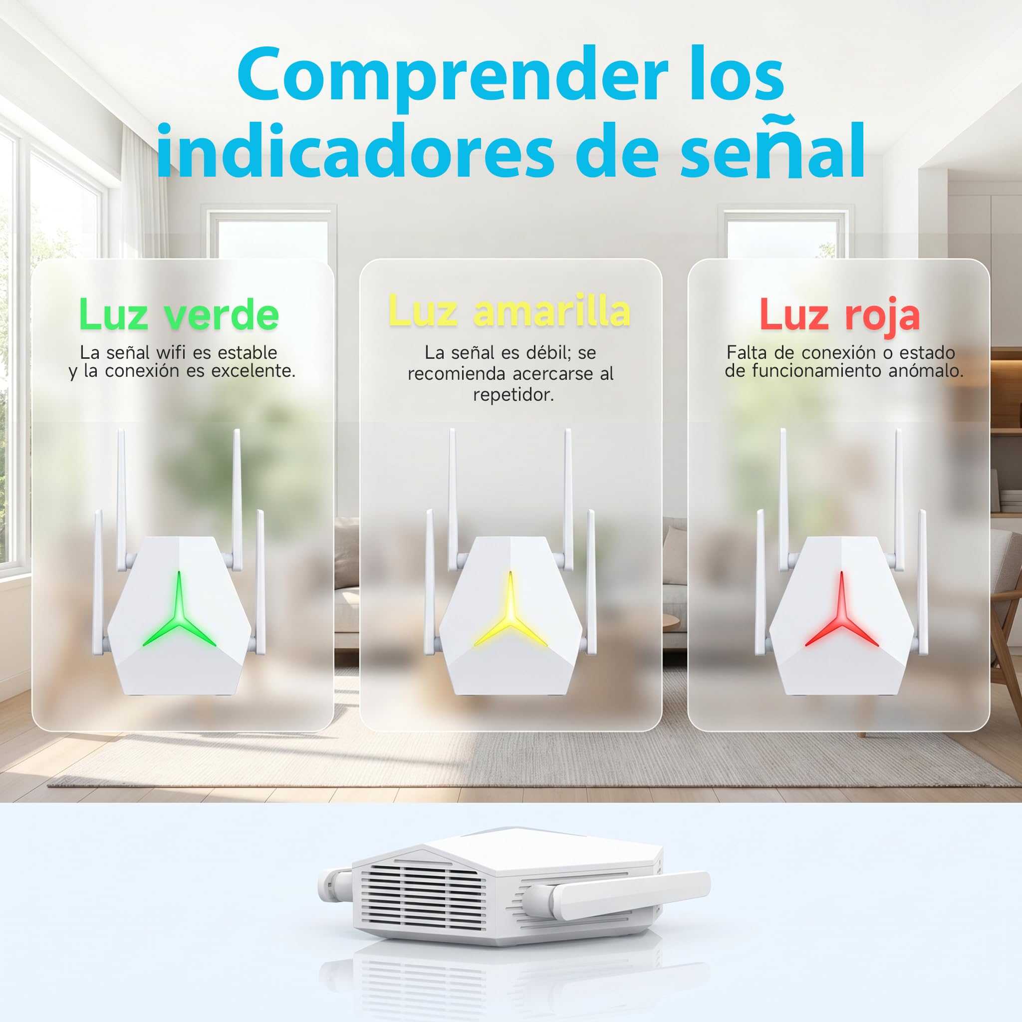 Repetidor WiFi Largo Alcance 1167Mbps, Extensor Señal Doble Banda 2.4G+5G para Casas Grandes Oficinas, Elimina Zonas Muertas