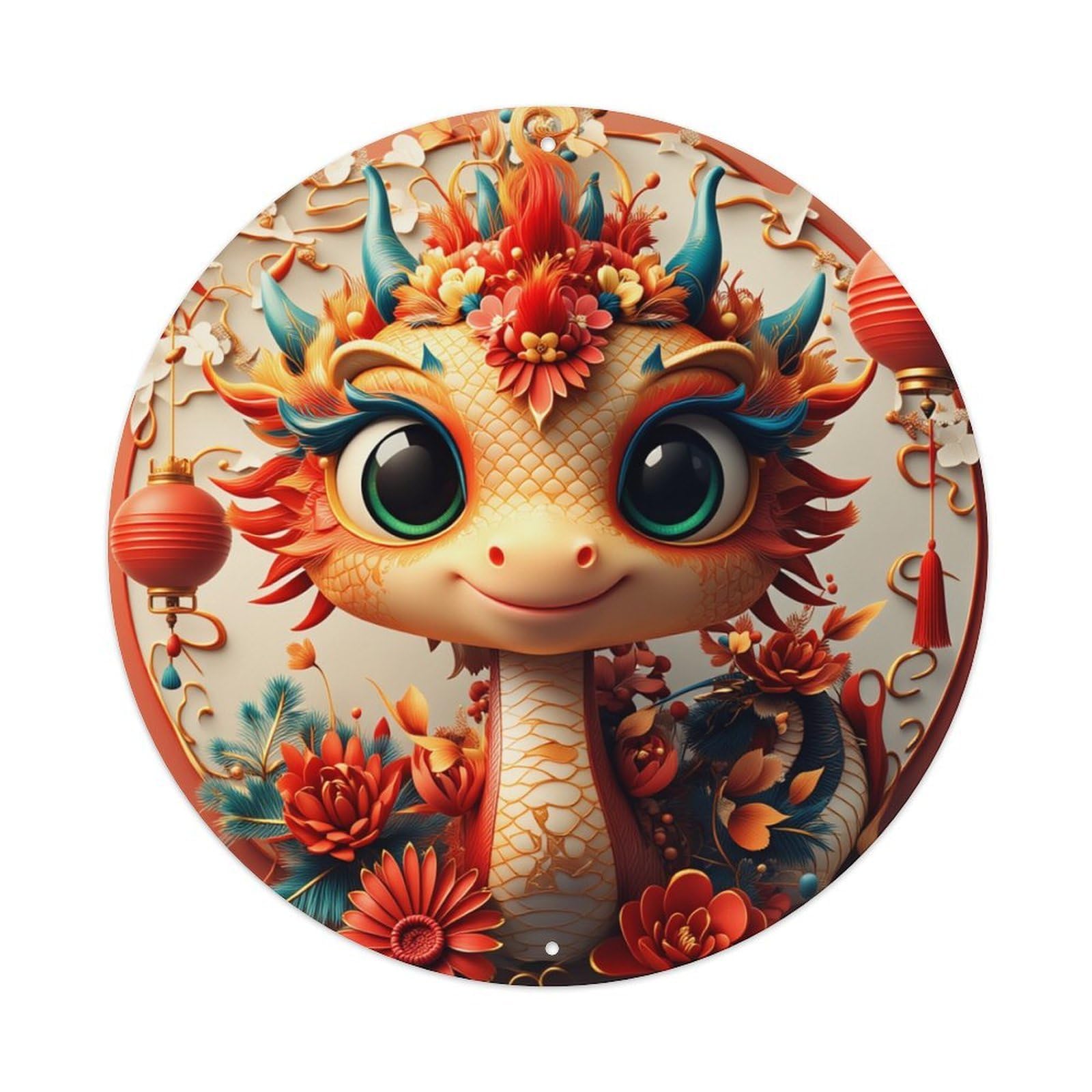 Dragon Floral Lanterns Colorful Art Round Tin Sign Retro Metal Sign for Cafe Bar Pub Home Game Room Gym Club Wall Decoration Vintage Metal Poster 8x8 Inch