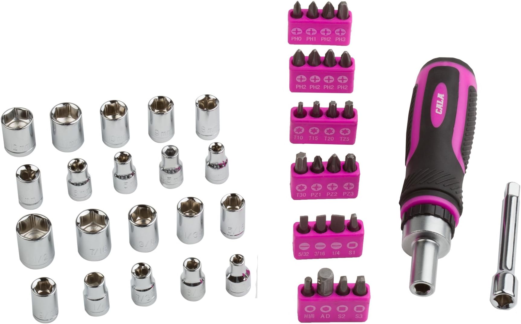 Cala Tools KDE52SBPC Ratcheting Driver with Socket and Bits Set, Pink