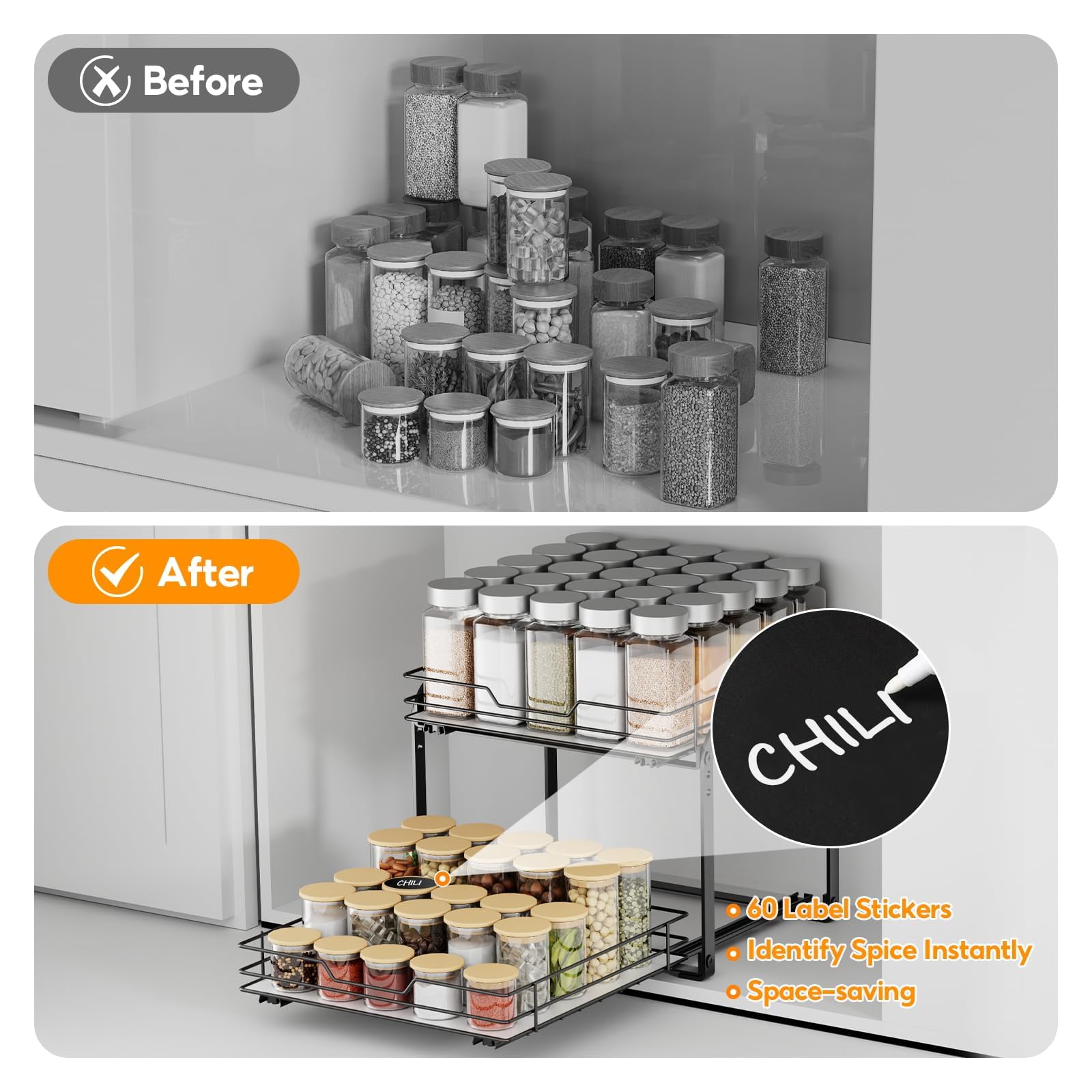 Étagère à épices extensible à 2 étages - Hauteur réglable - Étagère à épices debout - Extensible - Avec autocollant - Pour armoire, cuisine, plan de travail - L 26 x l 34,5 x H 23 cm