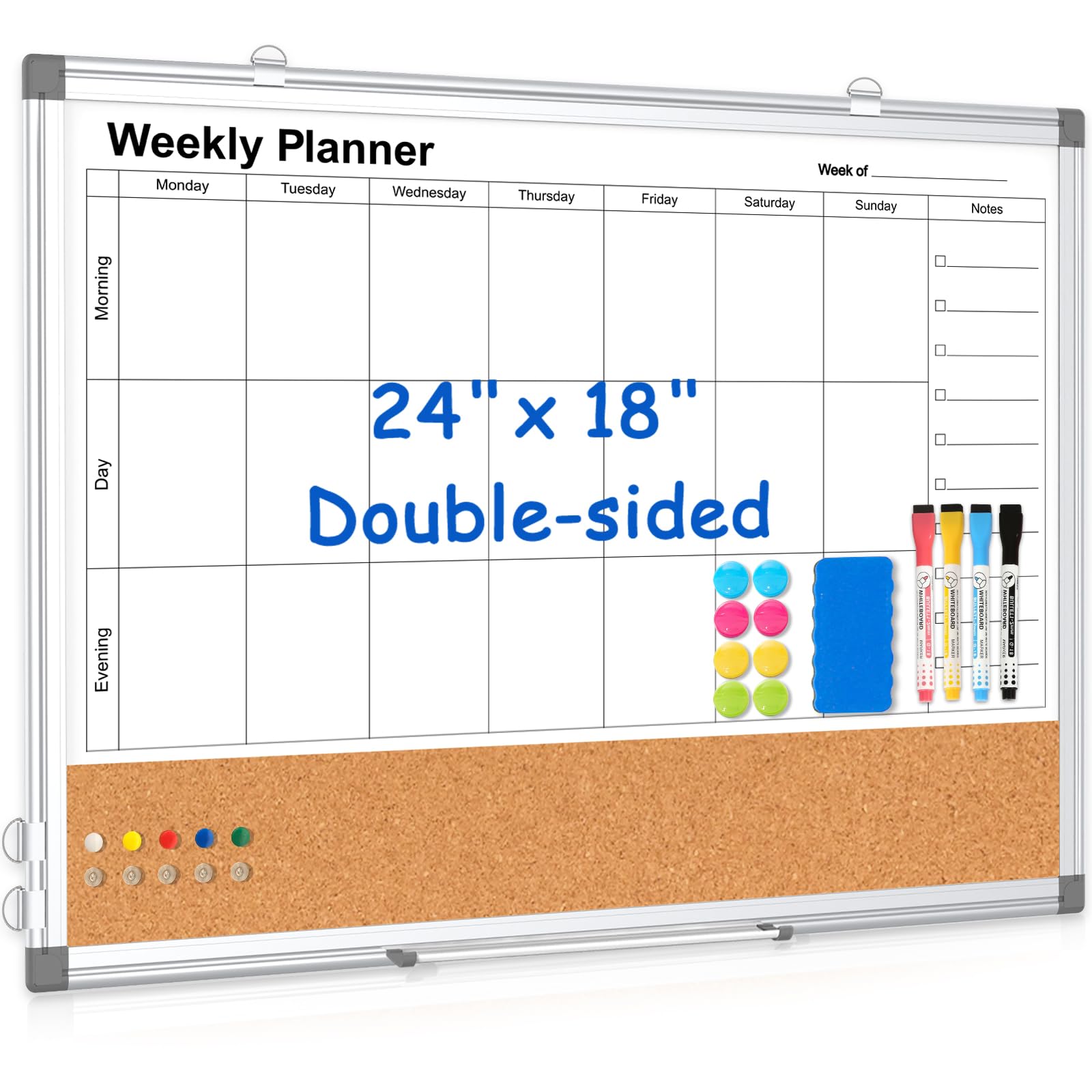 Weekly Dry Erase Calendar Whiteboard for Wall, 24" x 18" Cork Week Planner