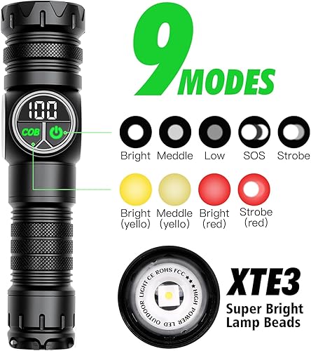 Miniatura 6 de HAUSBELL Linterna táctica S6000 Linterna magnética brillante de 200,0000 lúmenes, IPX6 impermeable, zoomable Linterna LED recargable para camping,