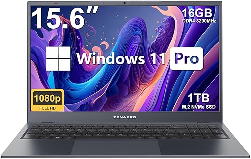 ZENAERO Laptop de 15.6" 16GB RAM 1TB NVMe SSD, 12 Intel Alder Lake-N100 (4C4T, hasta 3.4GHz) Pantalla FHD IPS (1080P)Función Completa Tipo-CGigabit