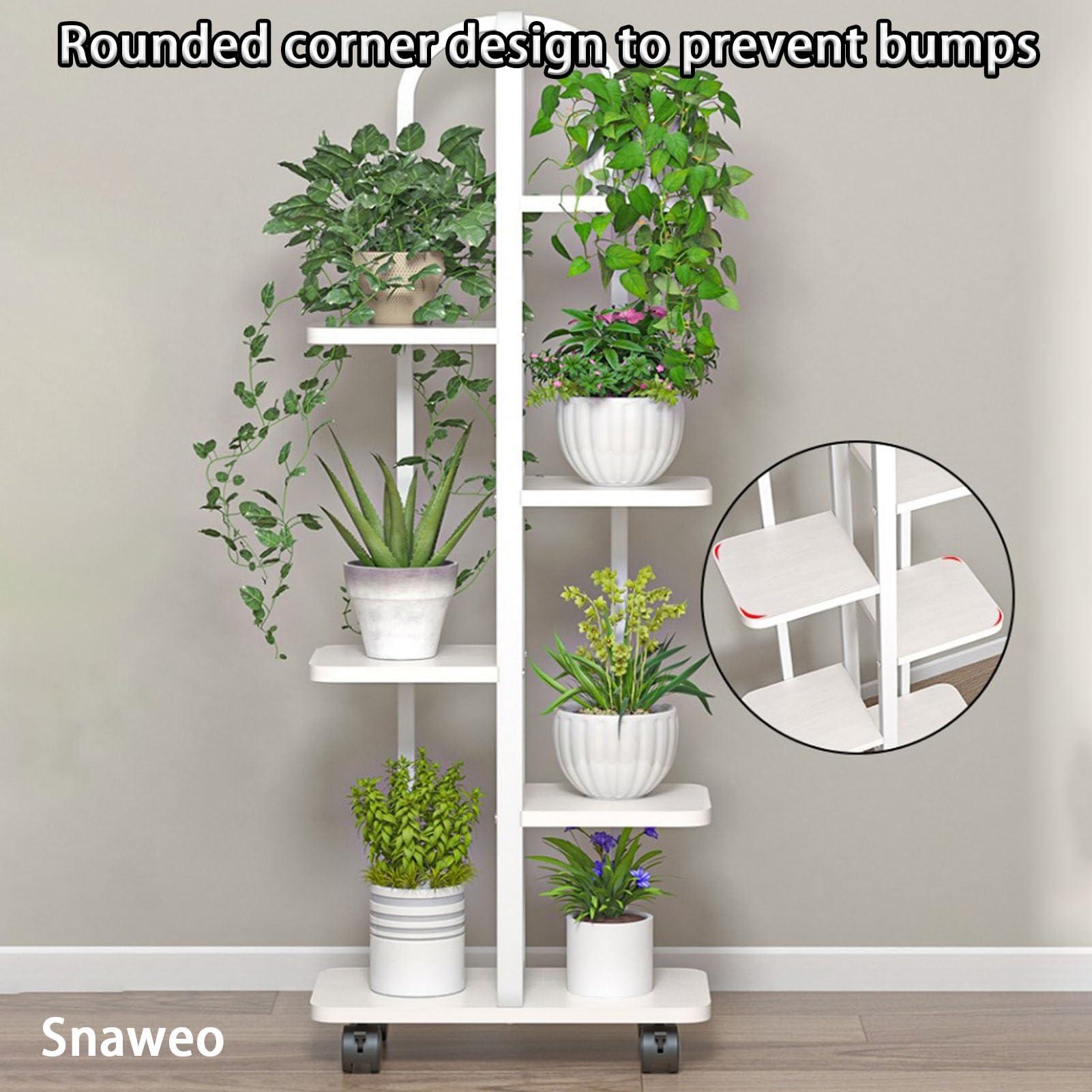 Supporto per piante in metallo su ruote, scaffale in legno a 5 ripiani per vasi da fiori, ideale per patio, soggiorno, balcone, ufficio, design nero