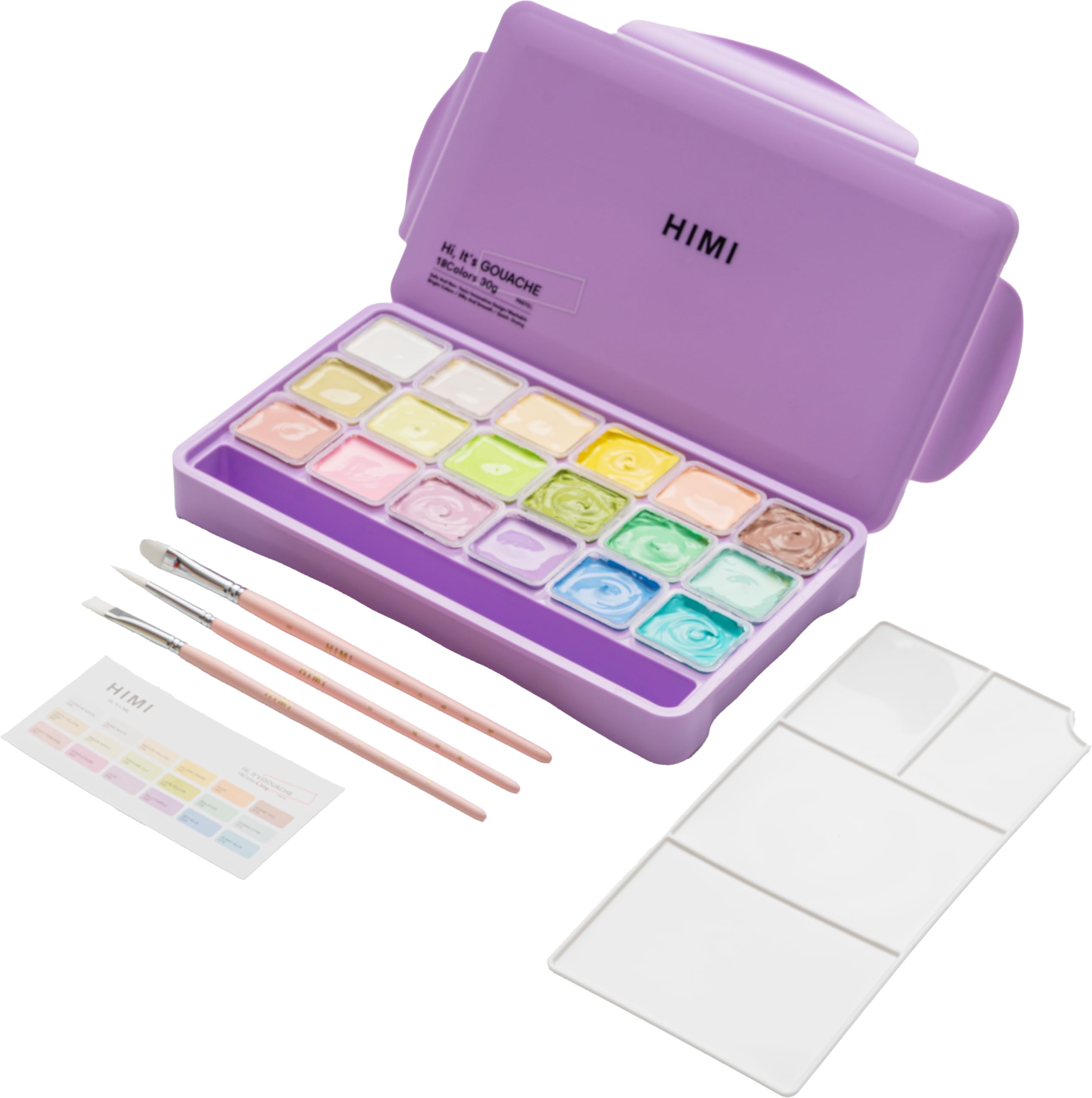 HIMI Jelly Cup Gouache Set di 18 colori di vernice, 3 pennelli, tavolozza di vernice, custodia viola, aggiungere acqua per riattivare, liscia, colori ricchi, regalo, forniture artistiche artistiche