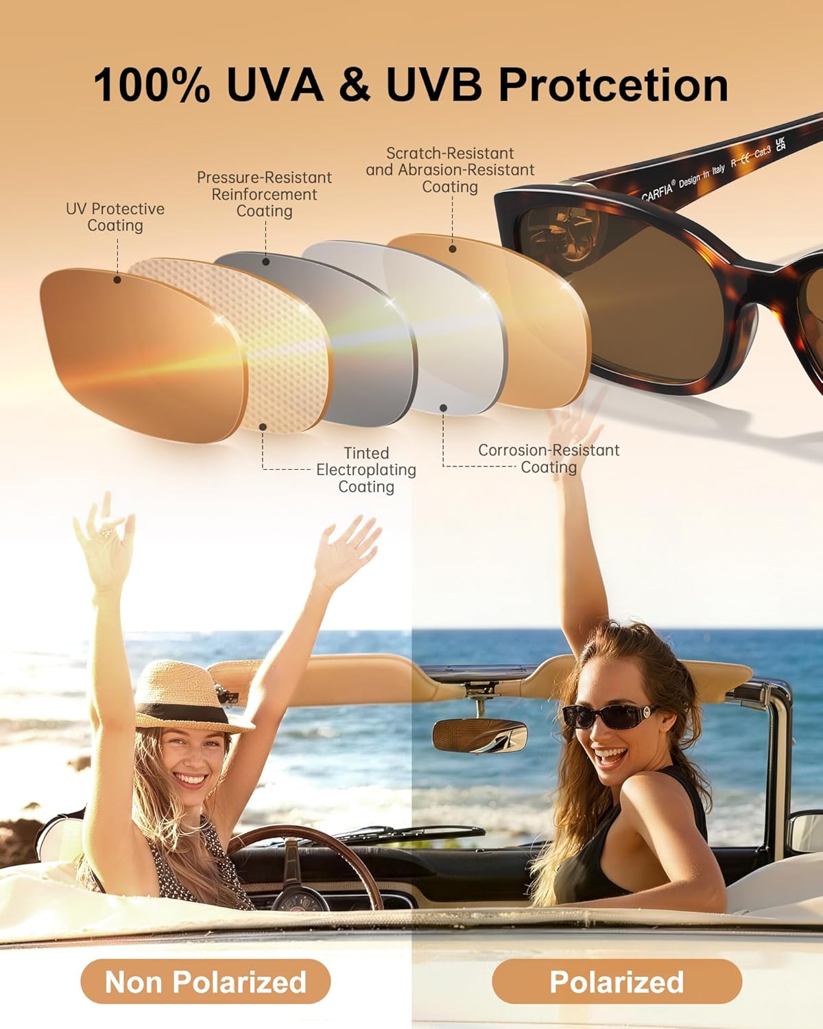 CARFIA Retro Narrow Rectangle Womens Polarized Sunglasses, Durable Acetate Fashion Shades for Driving Travel Outdoor CA6605
