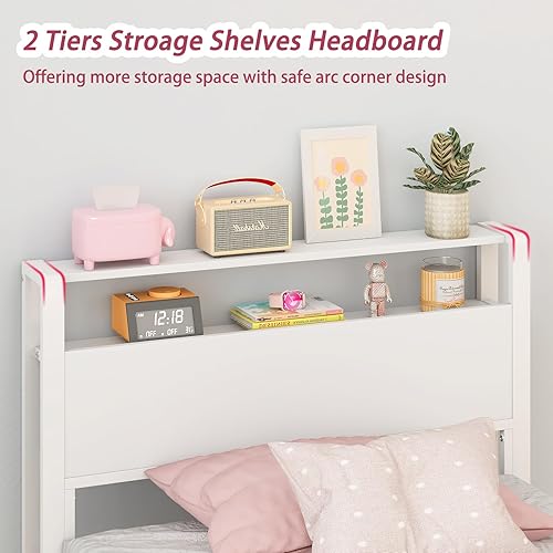 Miniatura 5 de Weehom Marco de cama individual para niños, cama de tamaño individual con 2 niveles de estantes de madera, cabecero, no necesita somier, fácil