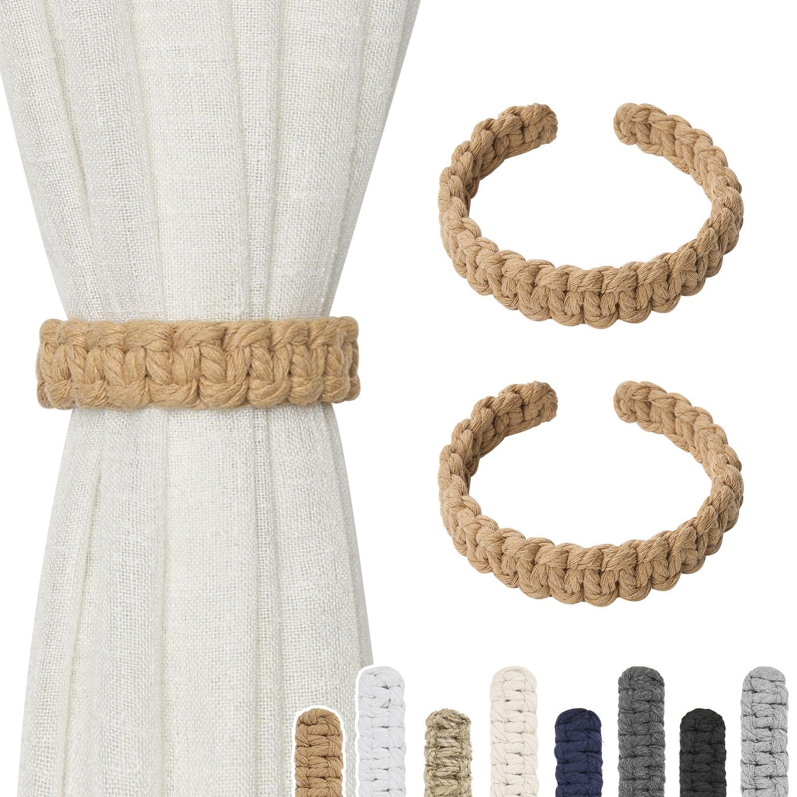Magnetic Jute Curtain Tiebacks, 2 Pack Natural Cotton Rope Curtain Tiebacks, Farmhouse Rustic Style Decorative Drape Tie Backs Handmade Braided Curtain Holdbacks for Home & Office Sheer (C-Dark Beige)