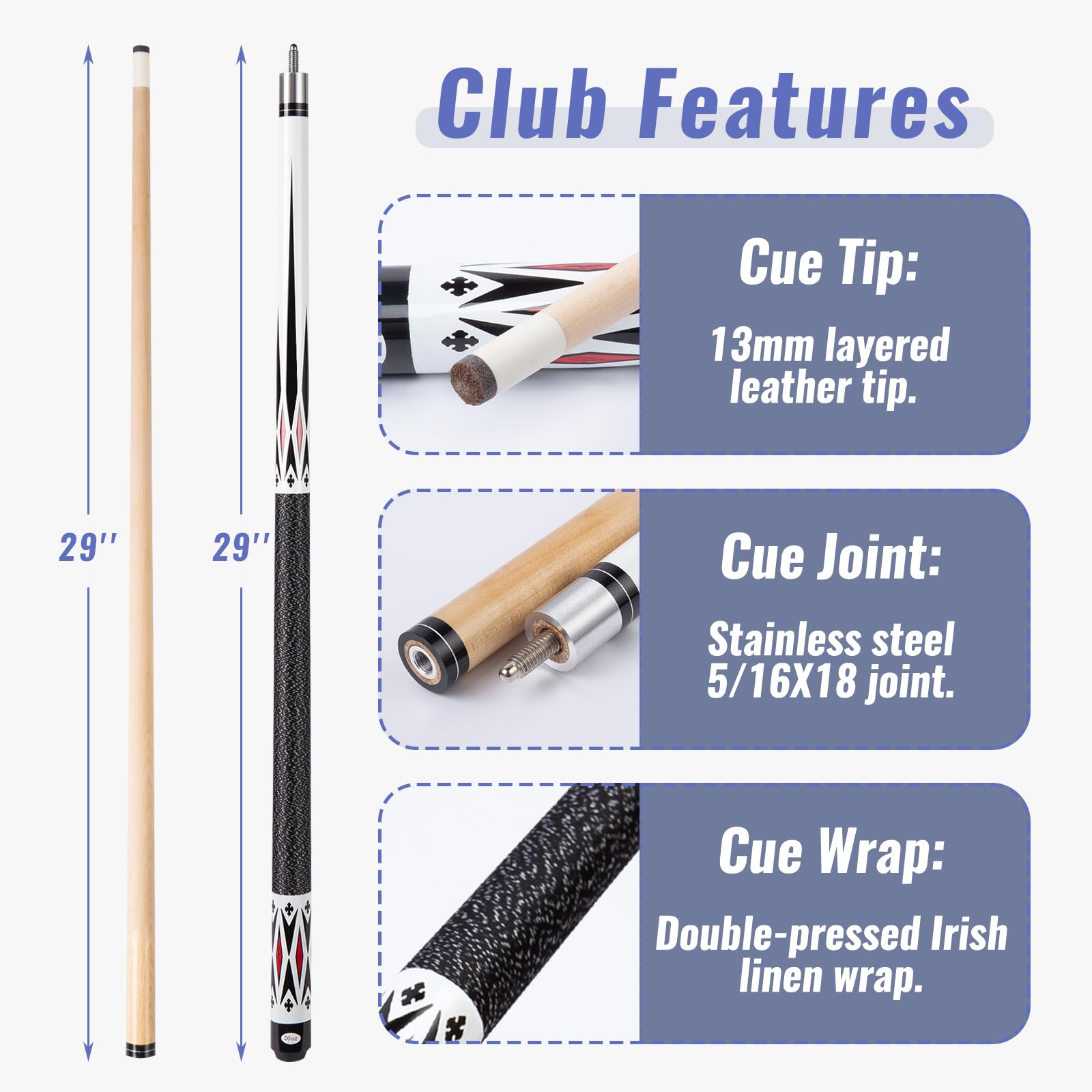 58" 19 20 Ounce Pool Queue with 13mm Tip, Schwarz oder Weiß，1/2 Maple Queue Sticks Pool Cue,Billiard Cue,Billard Queue für Männer und Frauen.