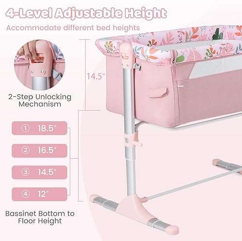 Miniatura 3 de BABY JOY Cuna, cuna plegable impresa con altura ajustable, pies retráctiles, colchón suave y bolsa de transporte portátil, moisés para bebé, cama de