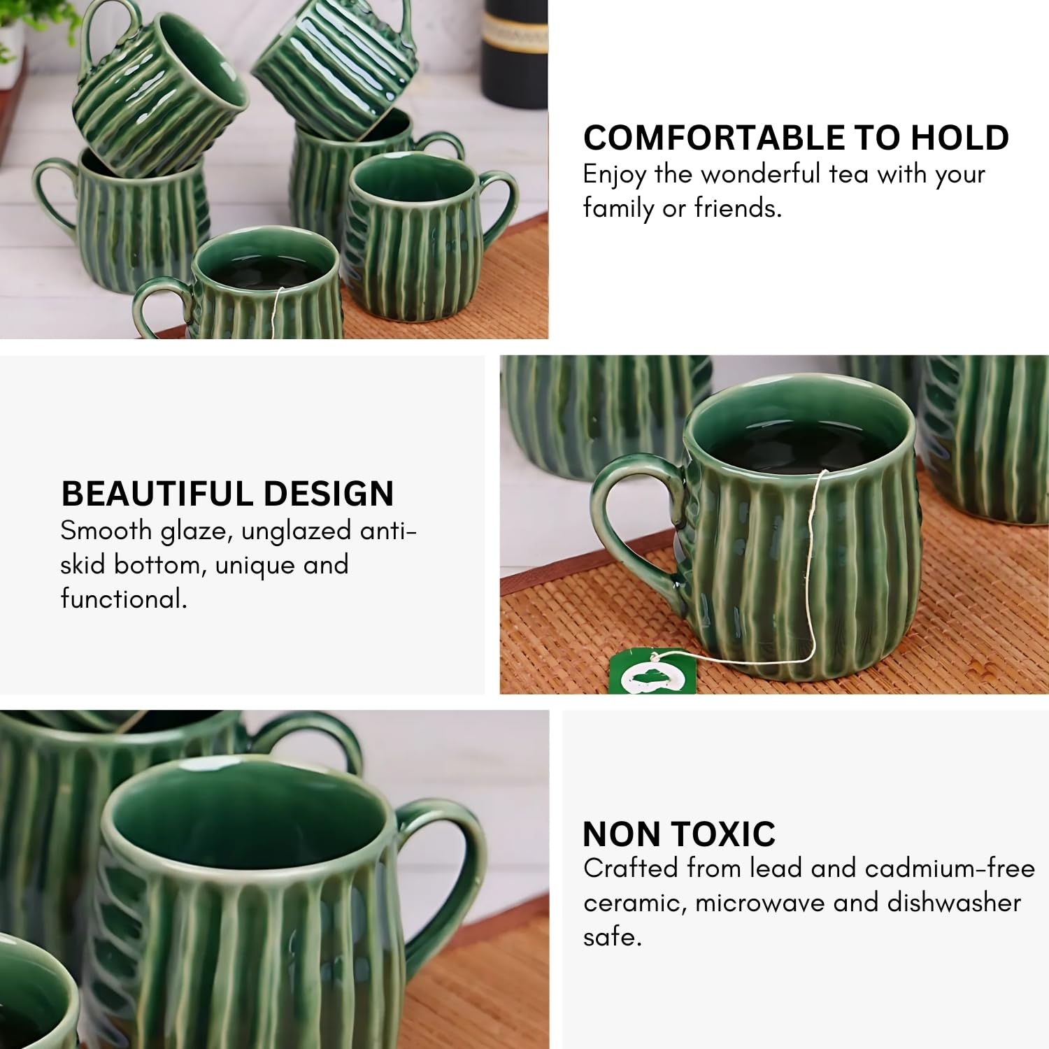 VarEesha Hand-Made Copper Green Ceramic Coffee Mugs Set of Six|Tea Cups Set of 6 | Microwave Safe Dishwasher Safe | Lead Free 3