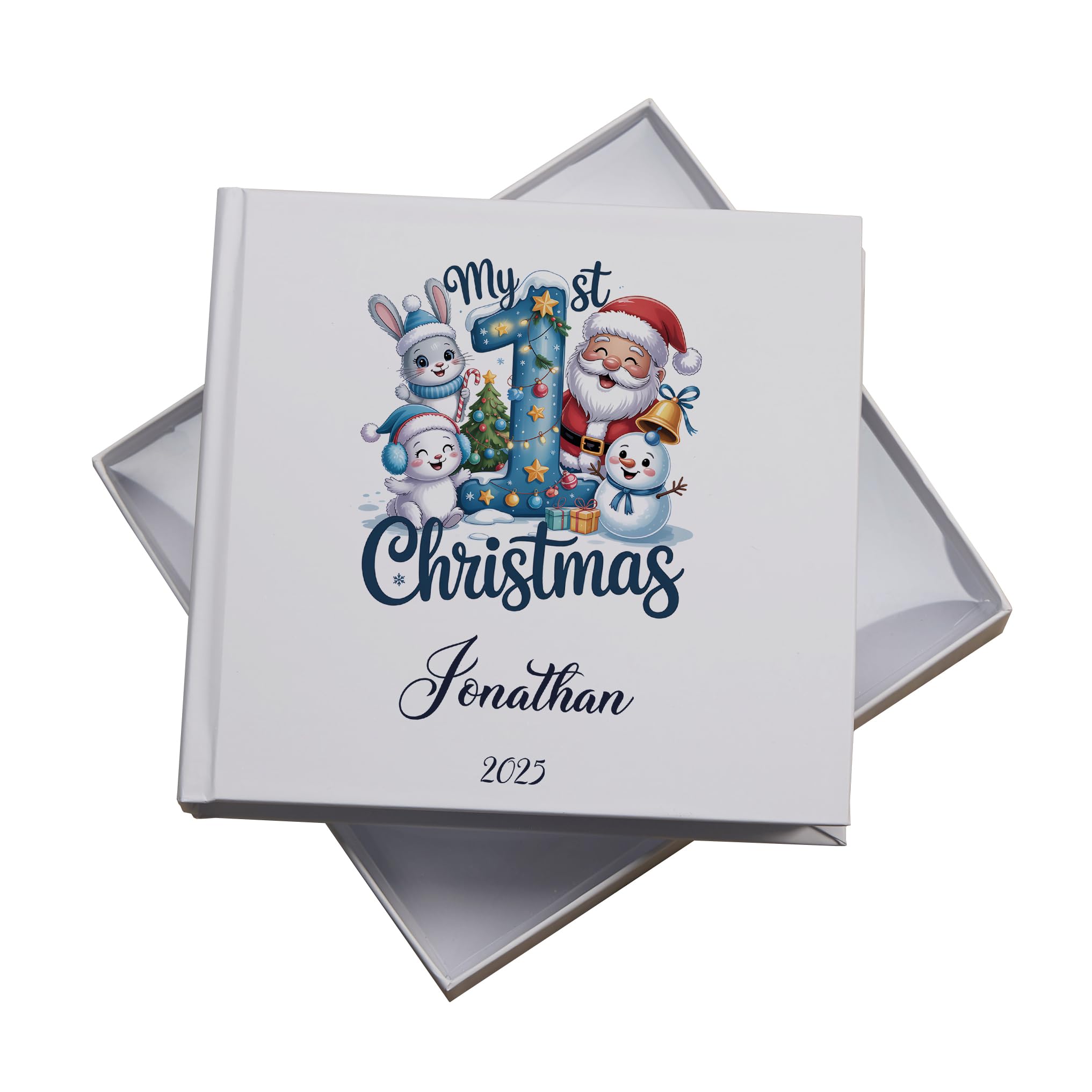 Personalised First Christmas Baby Photo Album, 18.5 x 19.5 cm, Gift Boxed, 50 Photo Capacity, Customisable Name and Year (Baby Boy With Snowm)