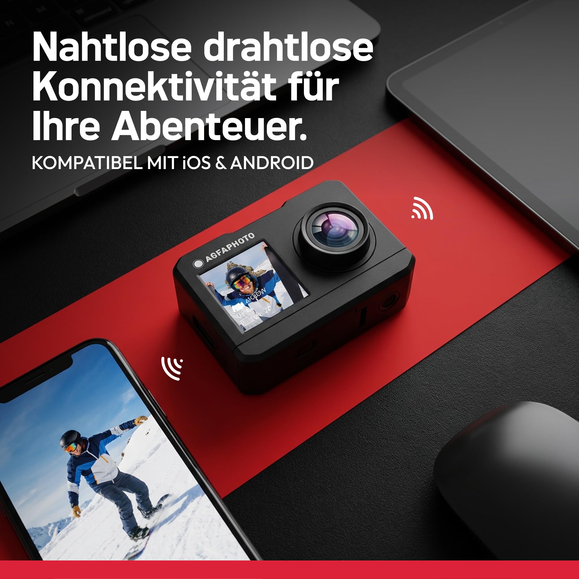AgfaPhoto - Sportkamera - AC7000 - True 2.7K 30FPS, Doppelter Touchscreen, 120° Weitwinkel, Wasserdichtes Gehäuse 30m - WiFi - 10 Zubehörteile inklusive