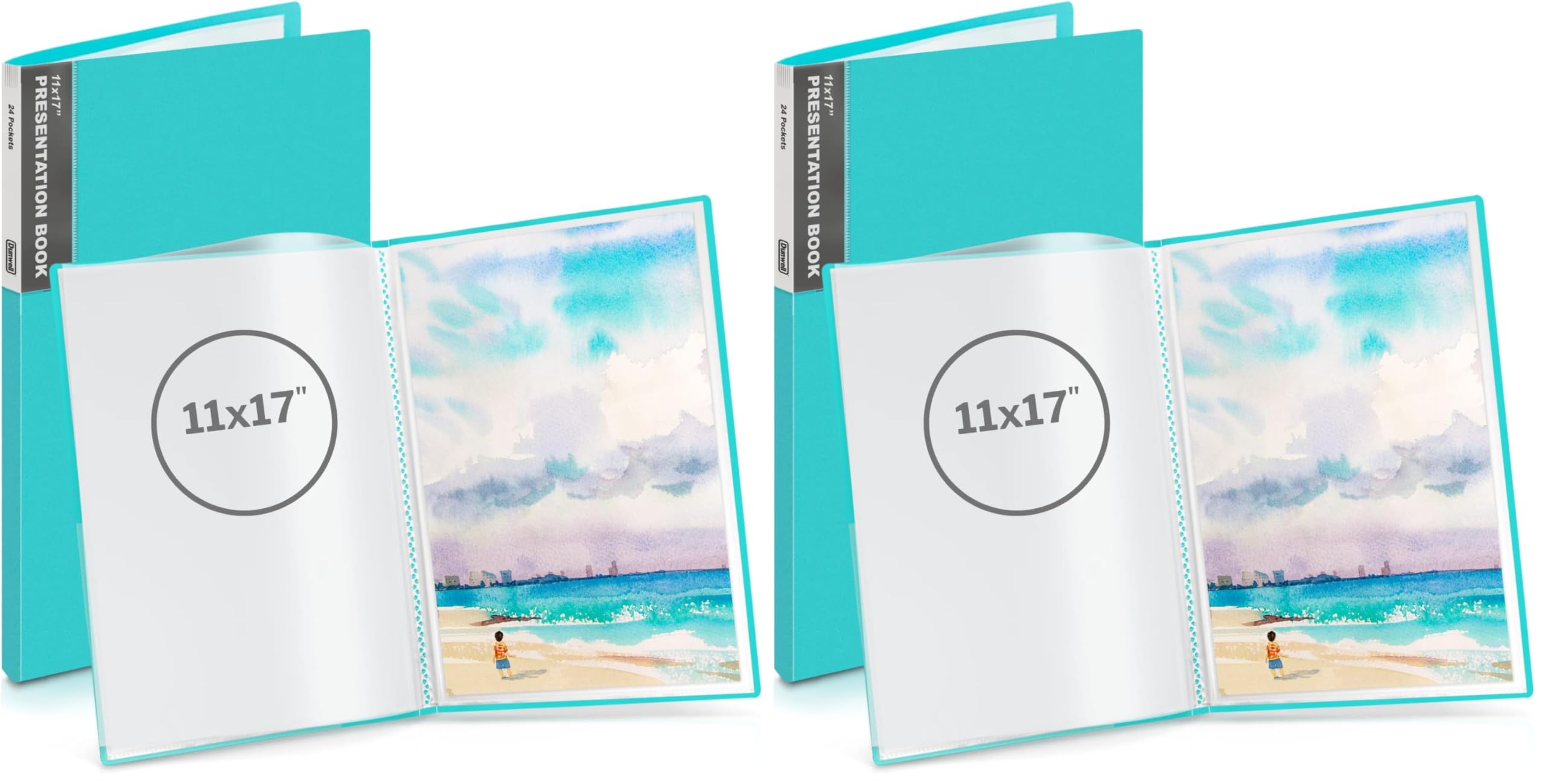 Dunwell 11x17 Portfolio Binder (Aqua), Presentation Book with 24 Clear Plastic Sleeves, Large Art Portfolio Folder, Acid-Free Poly Cover and Sleeves (Pack of 2)