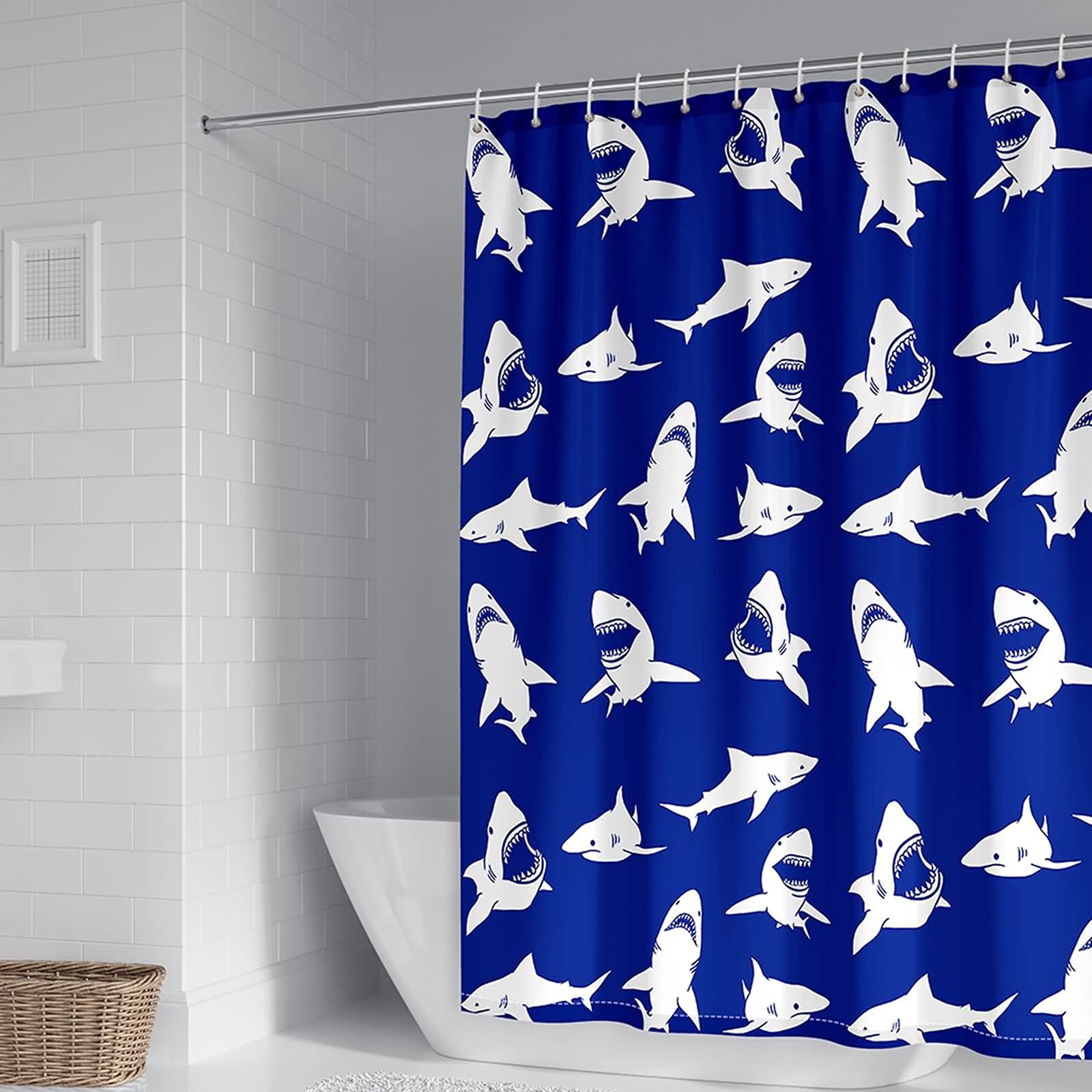 Rideau de douche requins 180x200 bleu et blanc en polyester