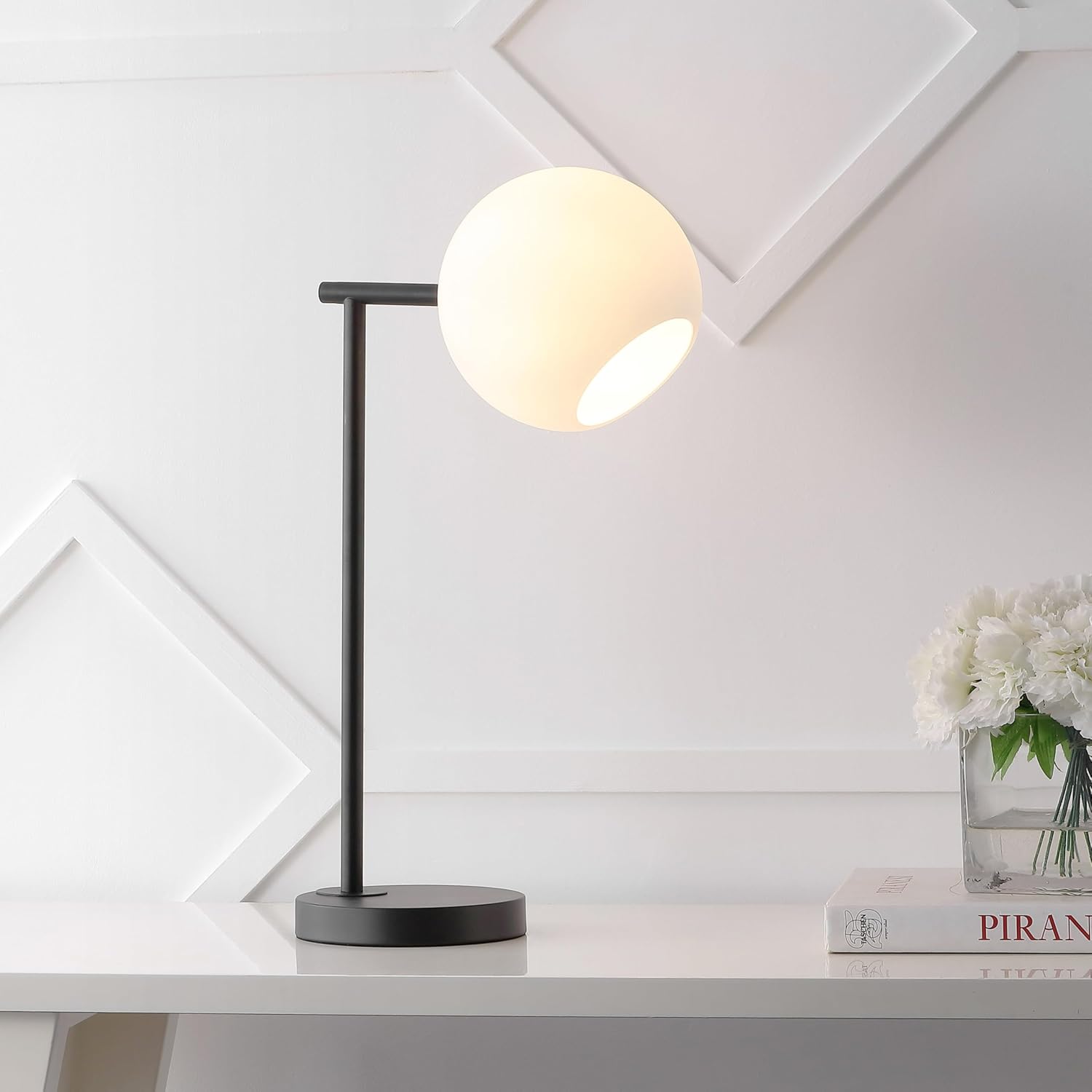 JONATHAN Y 20.5" Black Modern Metal Marble LED Bedside Table Lamp for Bedroom, Frosted Glass Globe Shade, Minimalist Scandinavian Lamp for Living Room (JYL1000B)