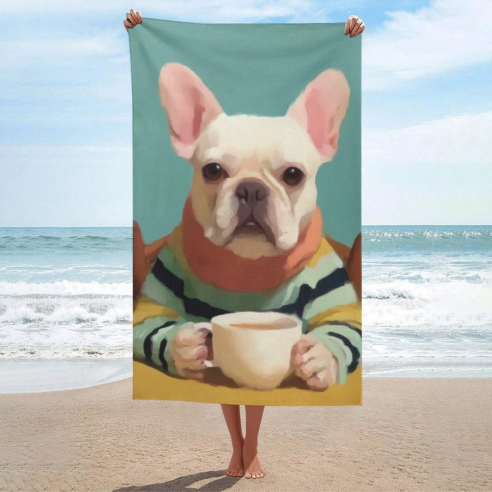 asbwuo French Bulldog Drink Coffee on Chair Beach Towel