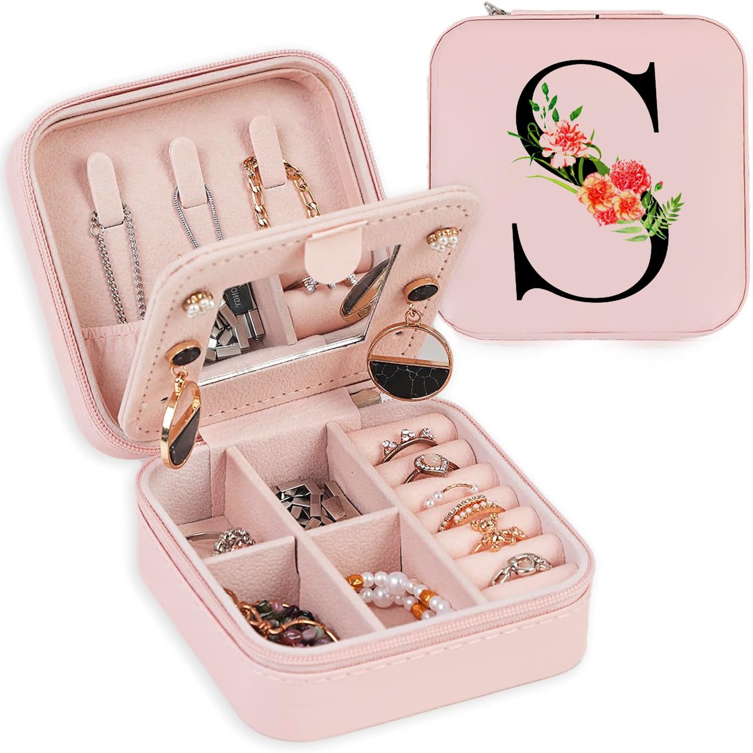 Travel Jewelry Case Jewelry Box, Travel Essentials Accessories for Women, Ring Necklace Earring Jewelry Holder Organizer Box with Mirror, Gifts for Women Girl Mom Grandma Birthday Christmas