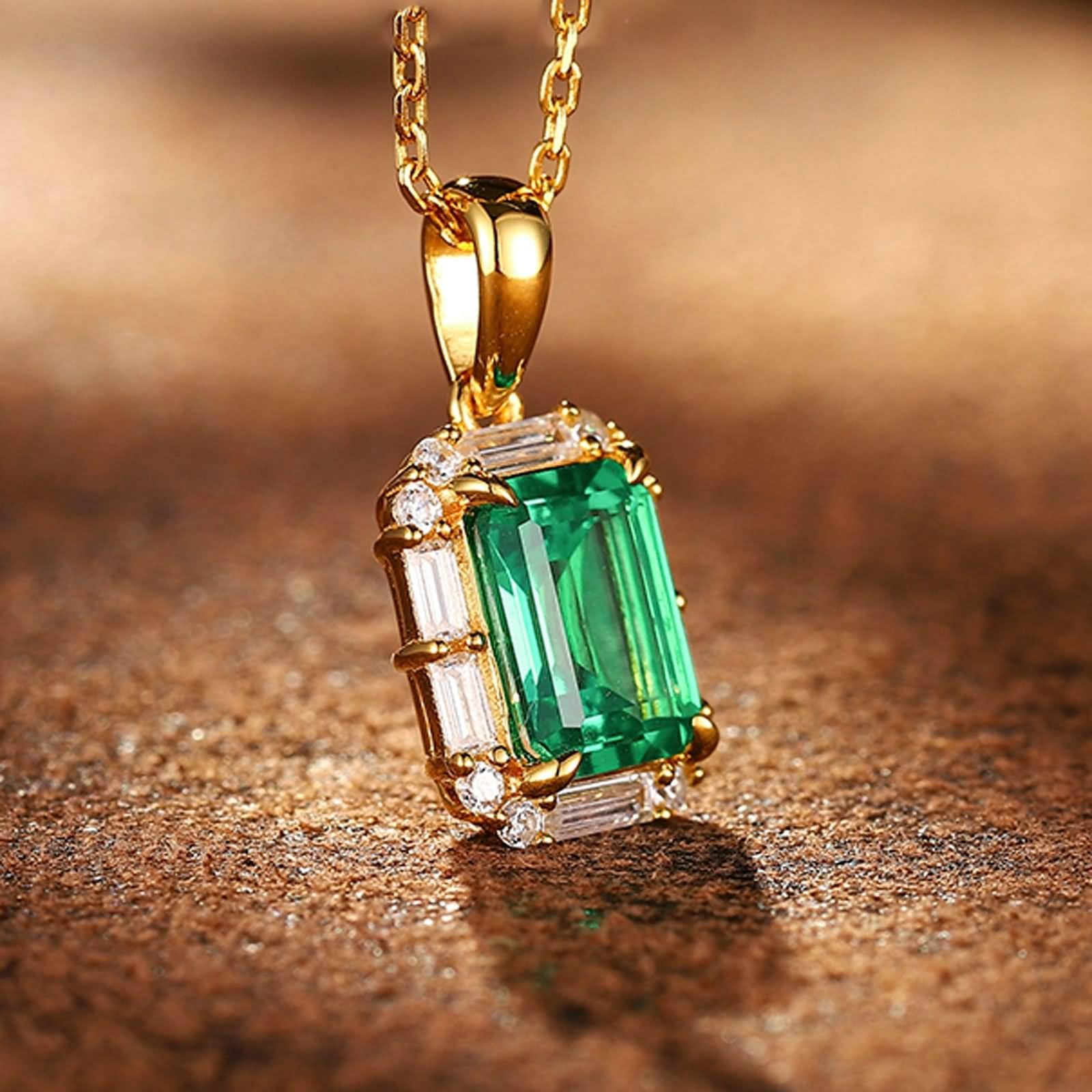 Collana da donna per matrimonio, collana da donna, anniversario, rettangolo con 2 carati in laboratorio, smeraldo e moissanite oro giallo