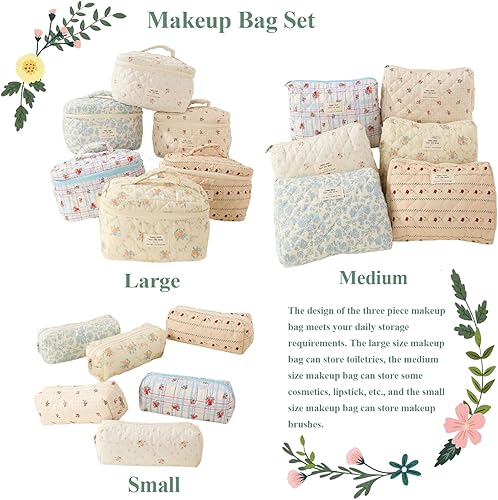 Miniatura 4 de ALUXY Juego de 3 bolsas de maquillaje acolchadas de algodón, bolsa de cosméticos de algodón floral, bolsa organizadora de viaje para mujeres y